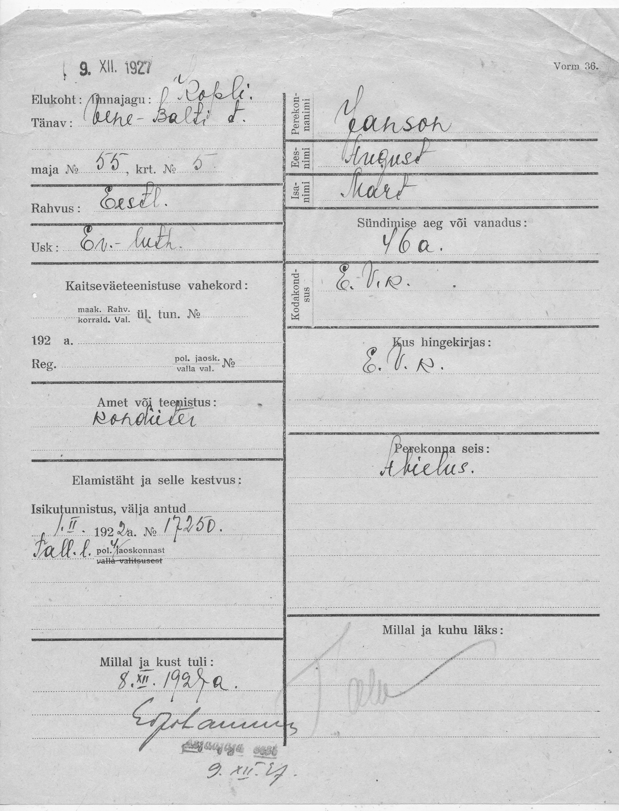 Janson, August, Mart