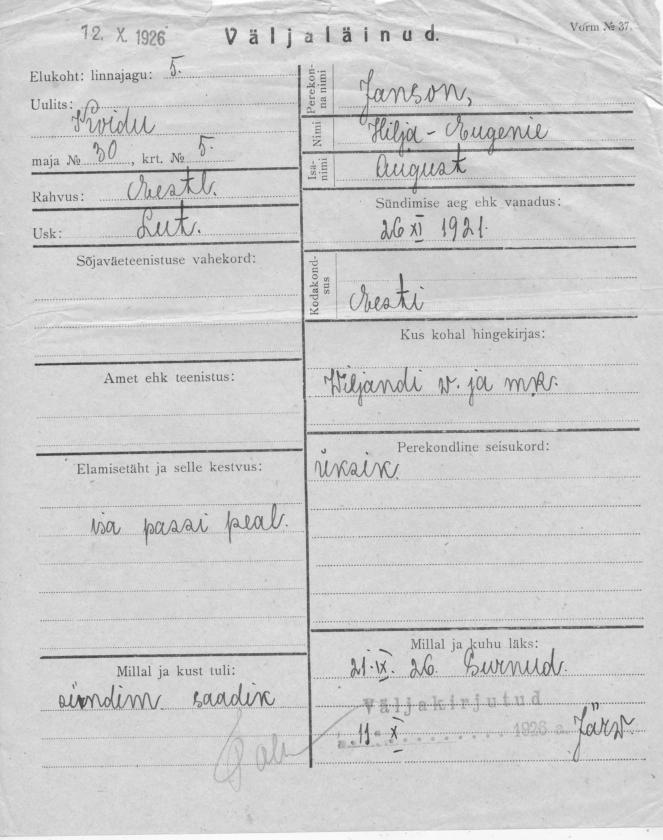 Janson, Hilja-Eugenie, August