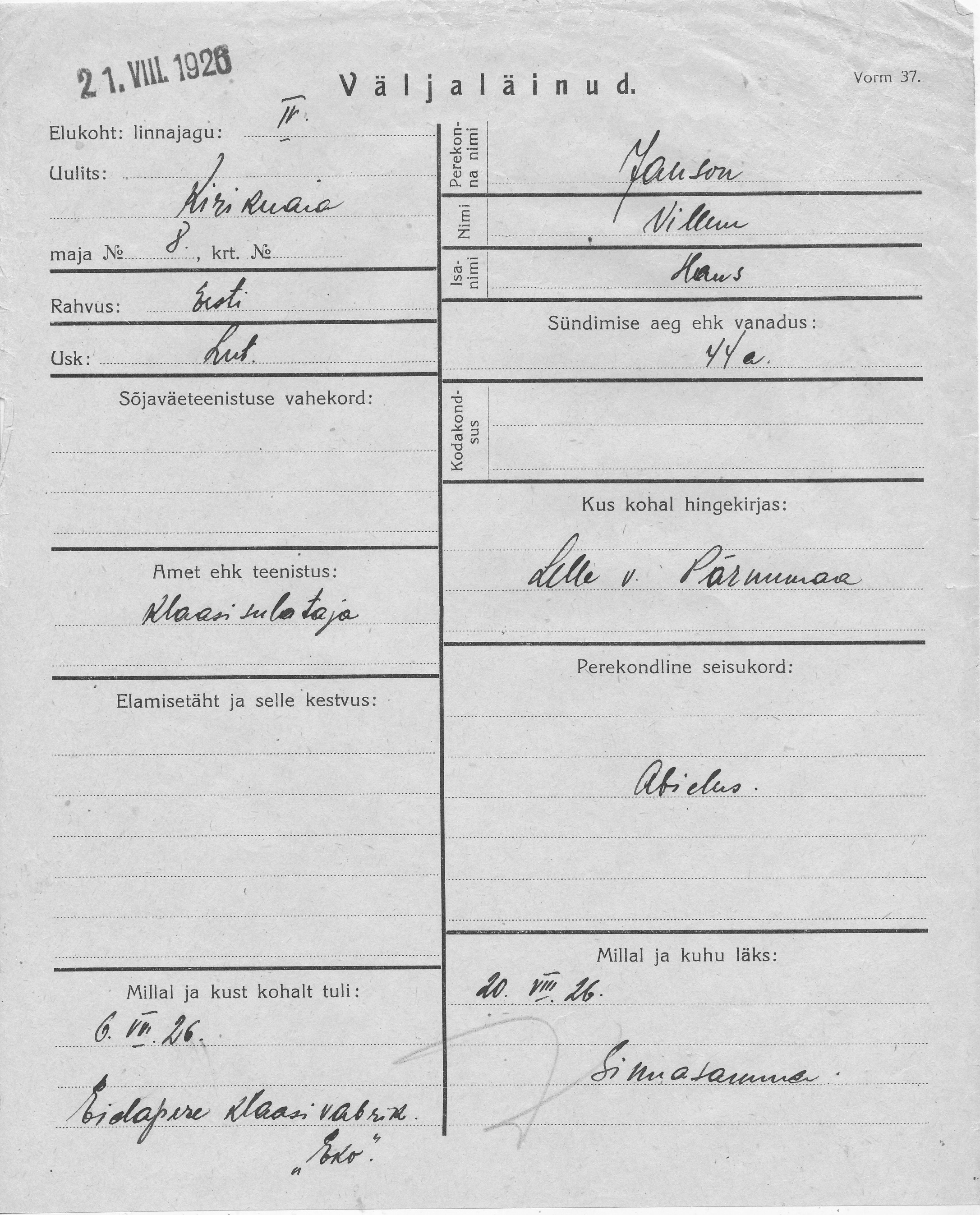 Janson, Villem, Hans