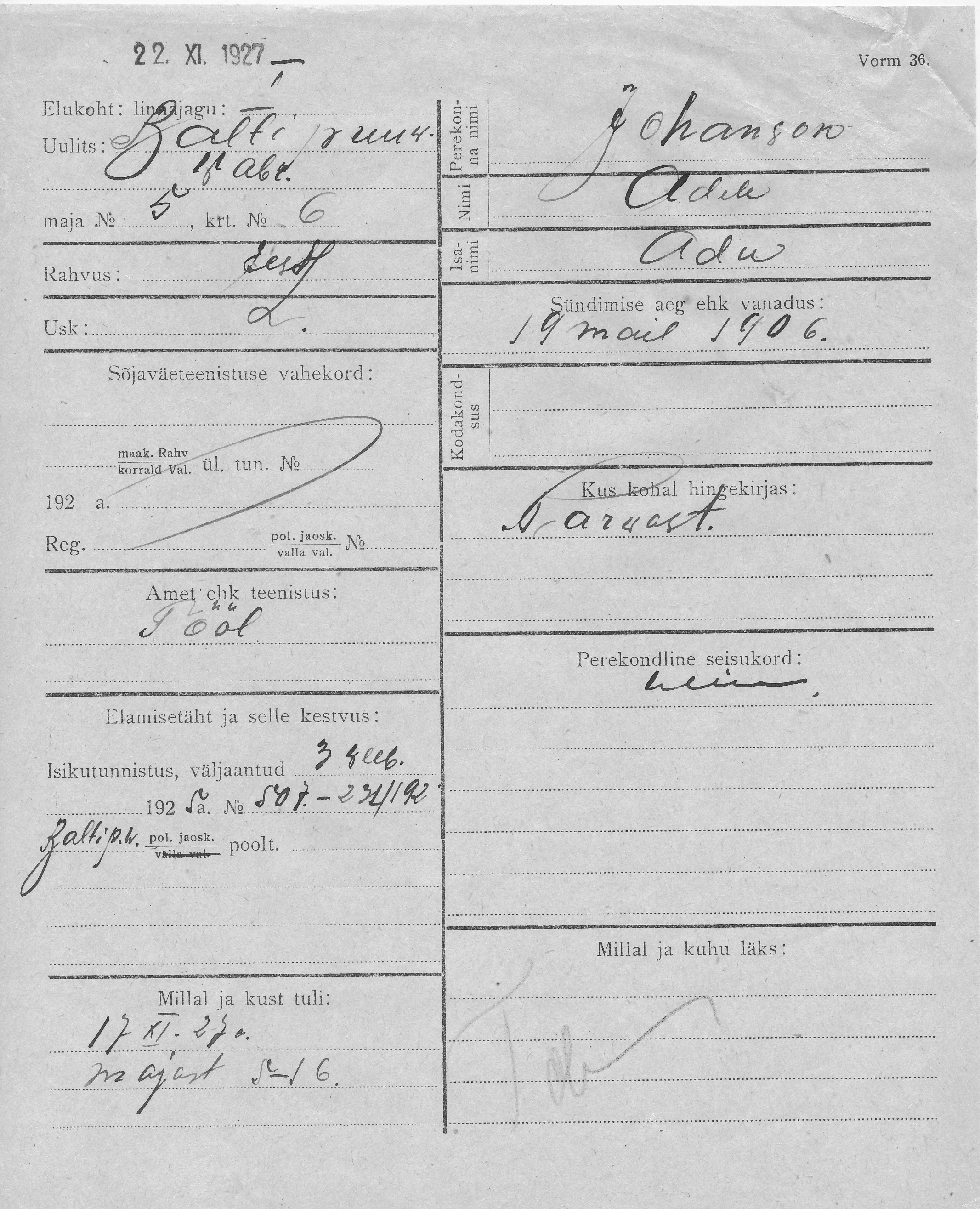 Johanson, Adele, Adu