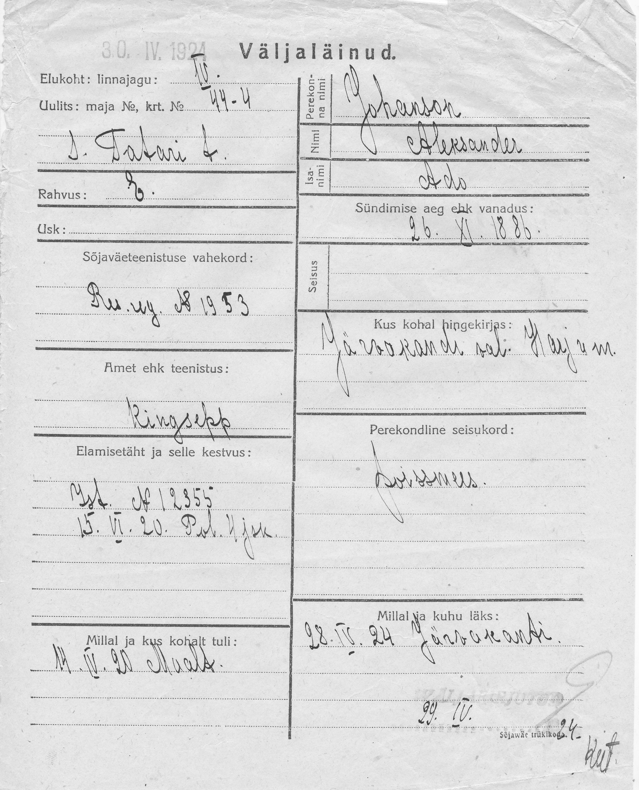 Johanson, Aleksander, Ado