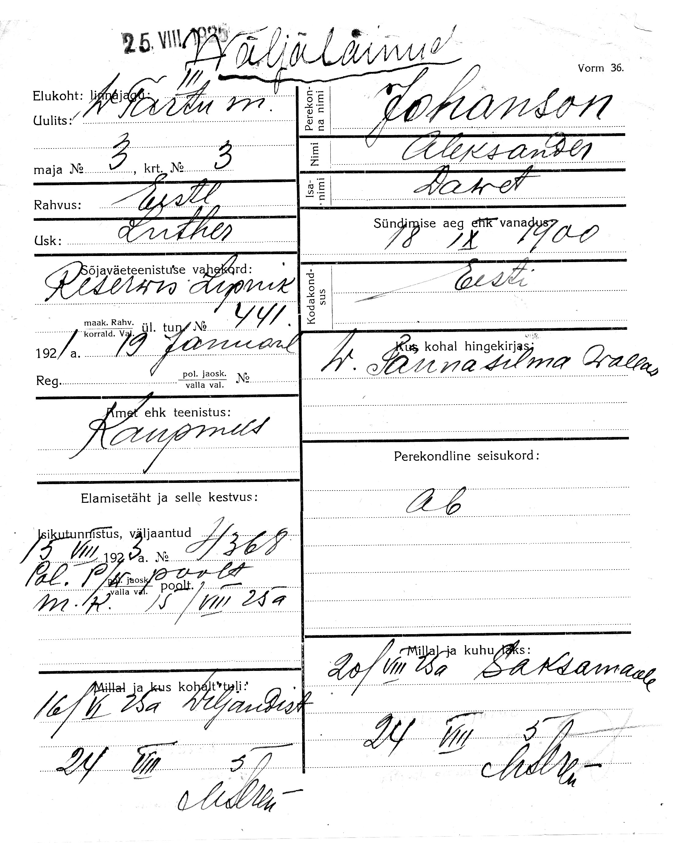 Johanson, Aleksander, Dawet