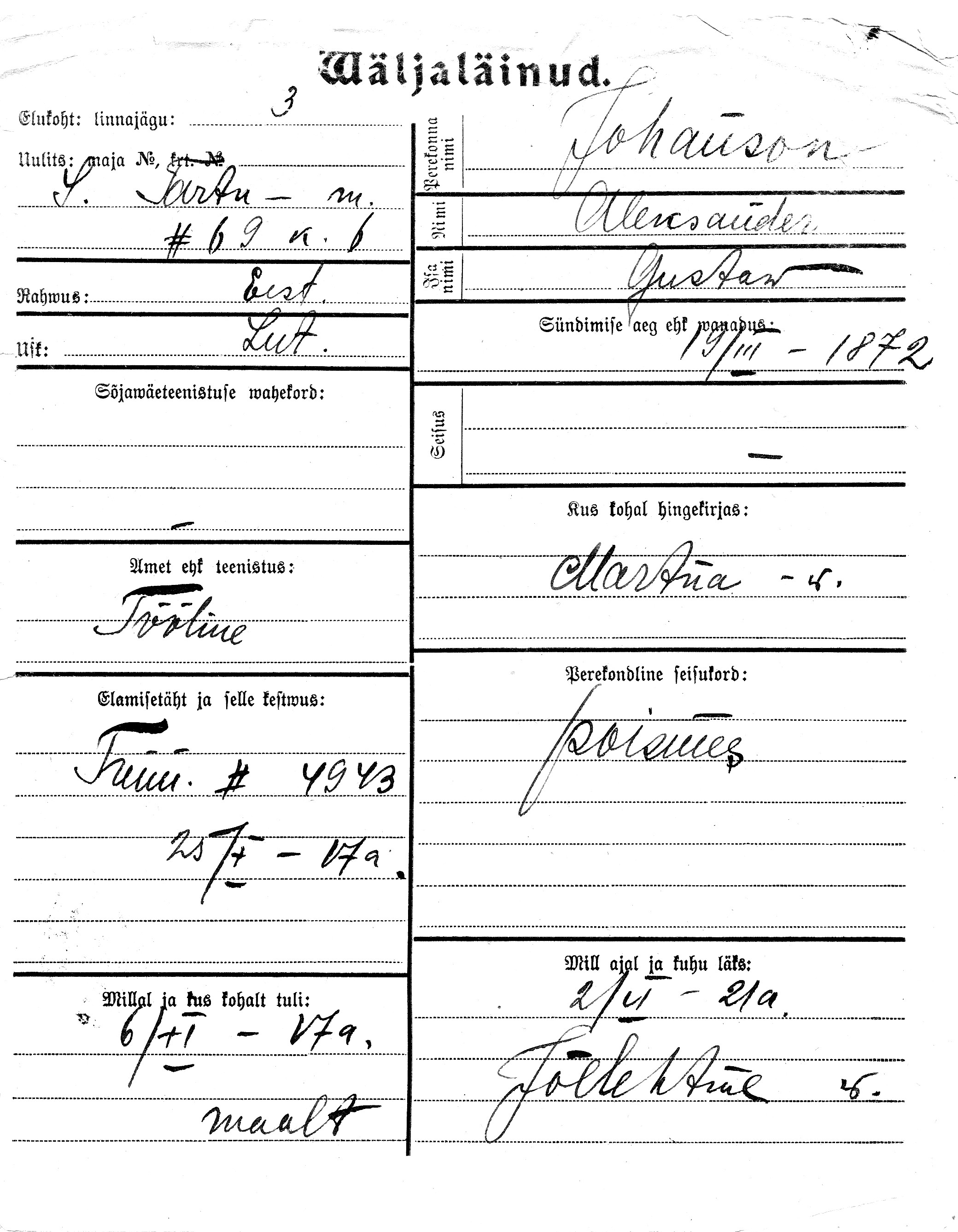 Johanson, Aleksander, Gustaw