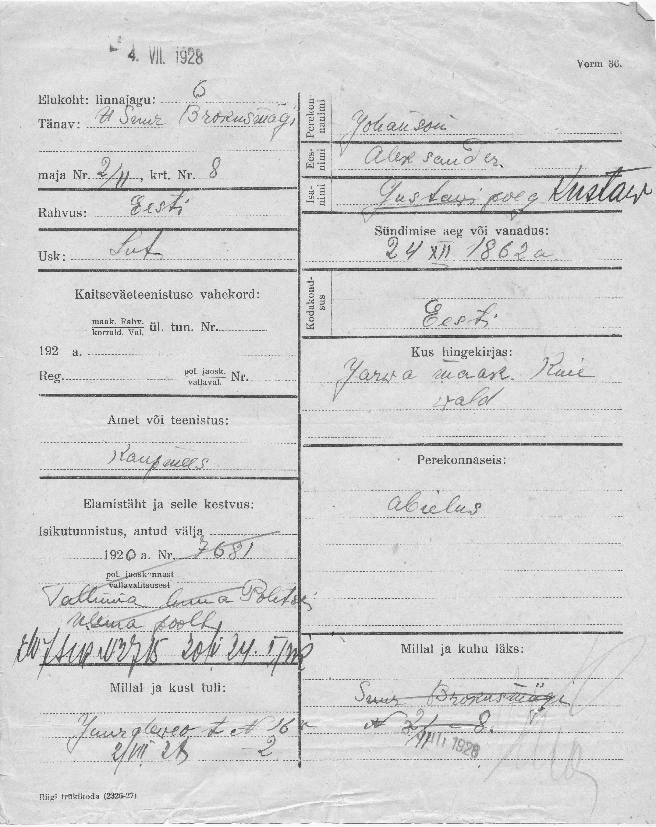 Johanson, Aleksander, Kustaw