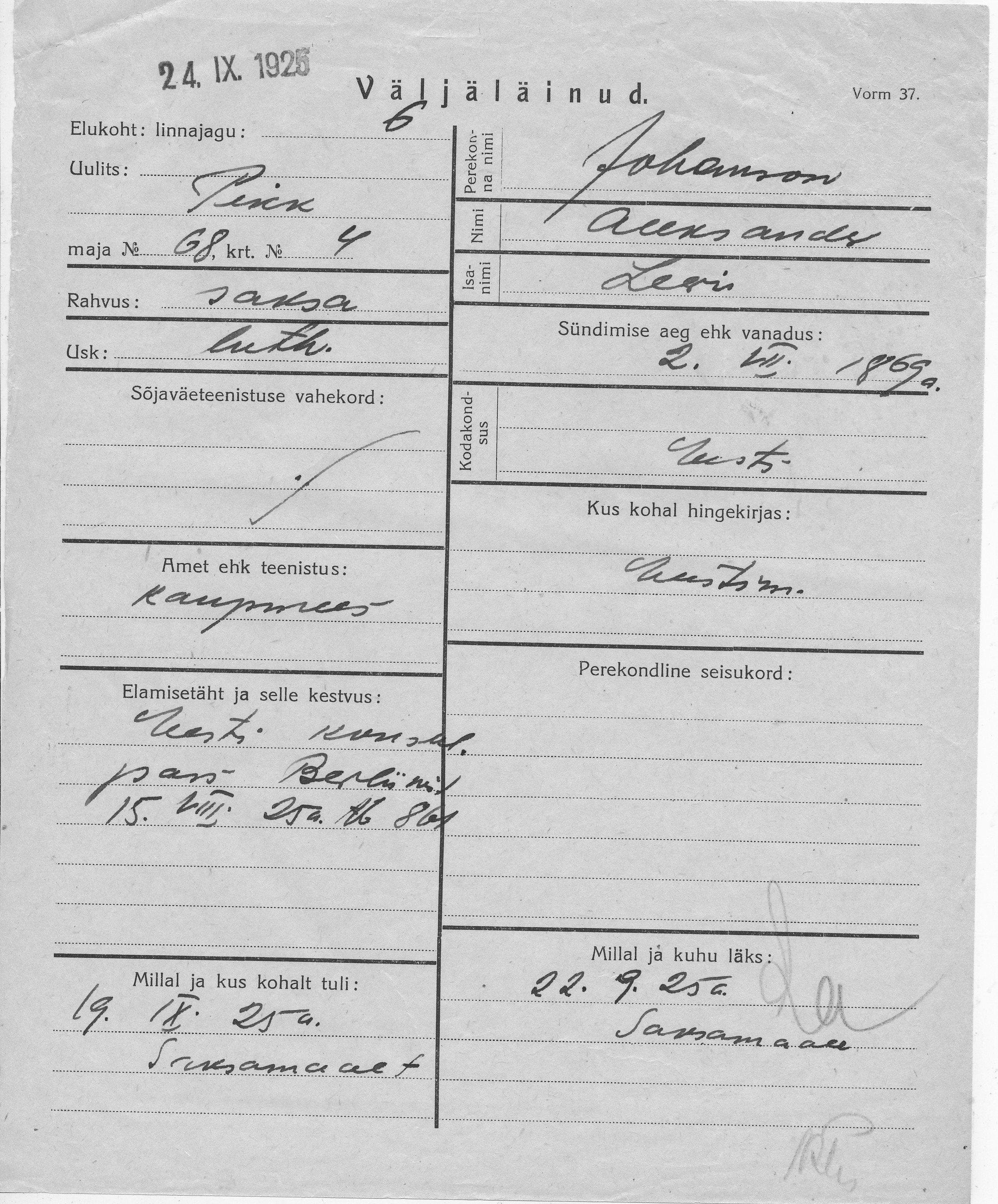 Johanson, Aleksander, Lew