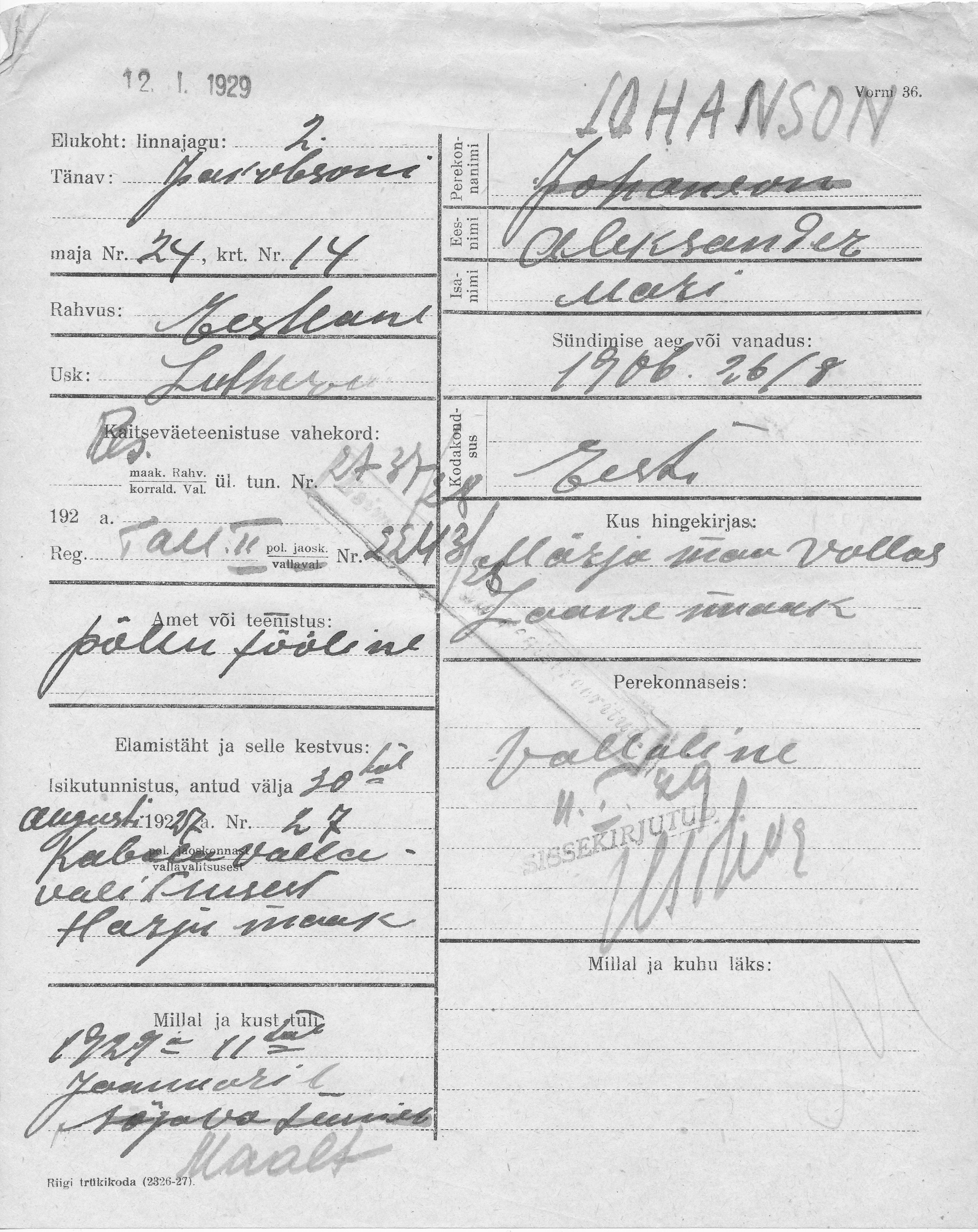 Johanson, Aleksander, Mari