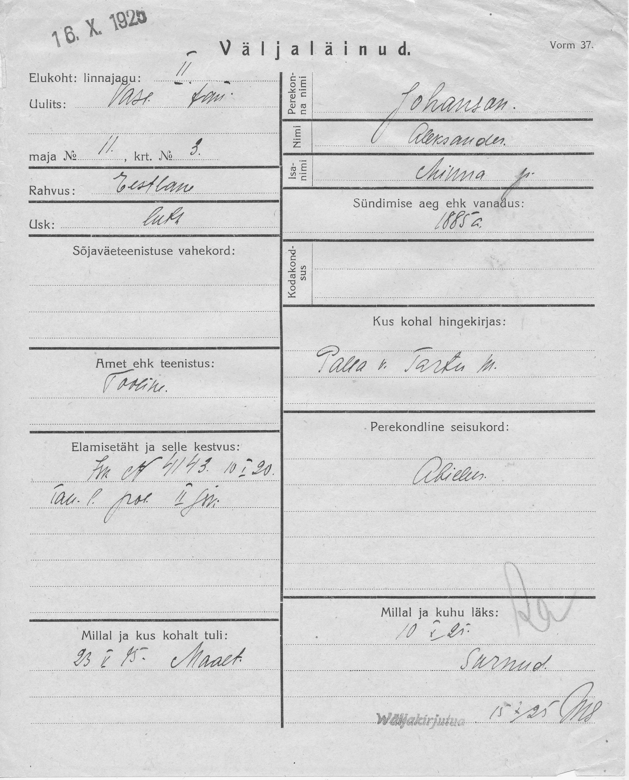 Johanson, Aleksander, Minna