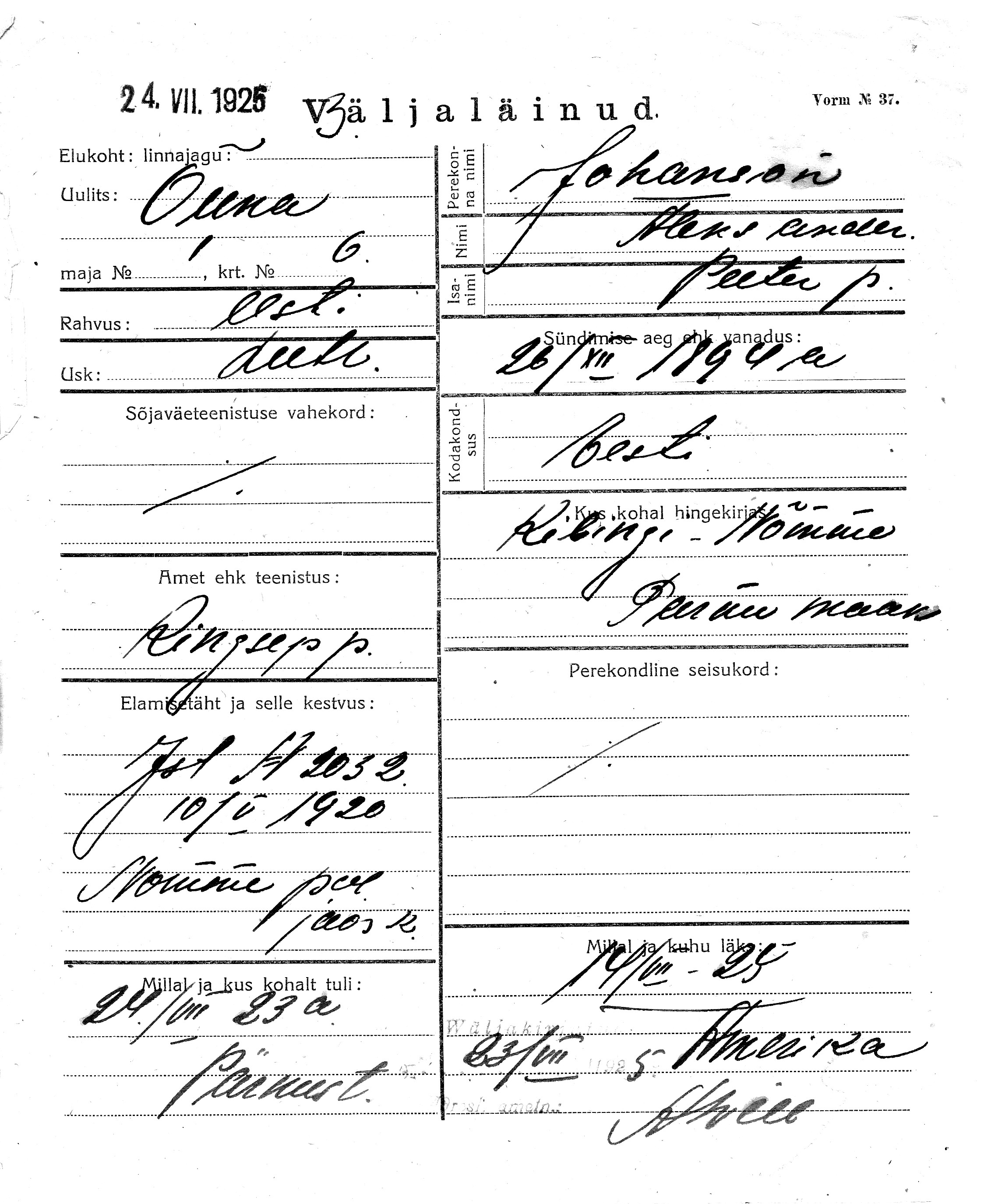 Johanson, Aleksander, Peeter