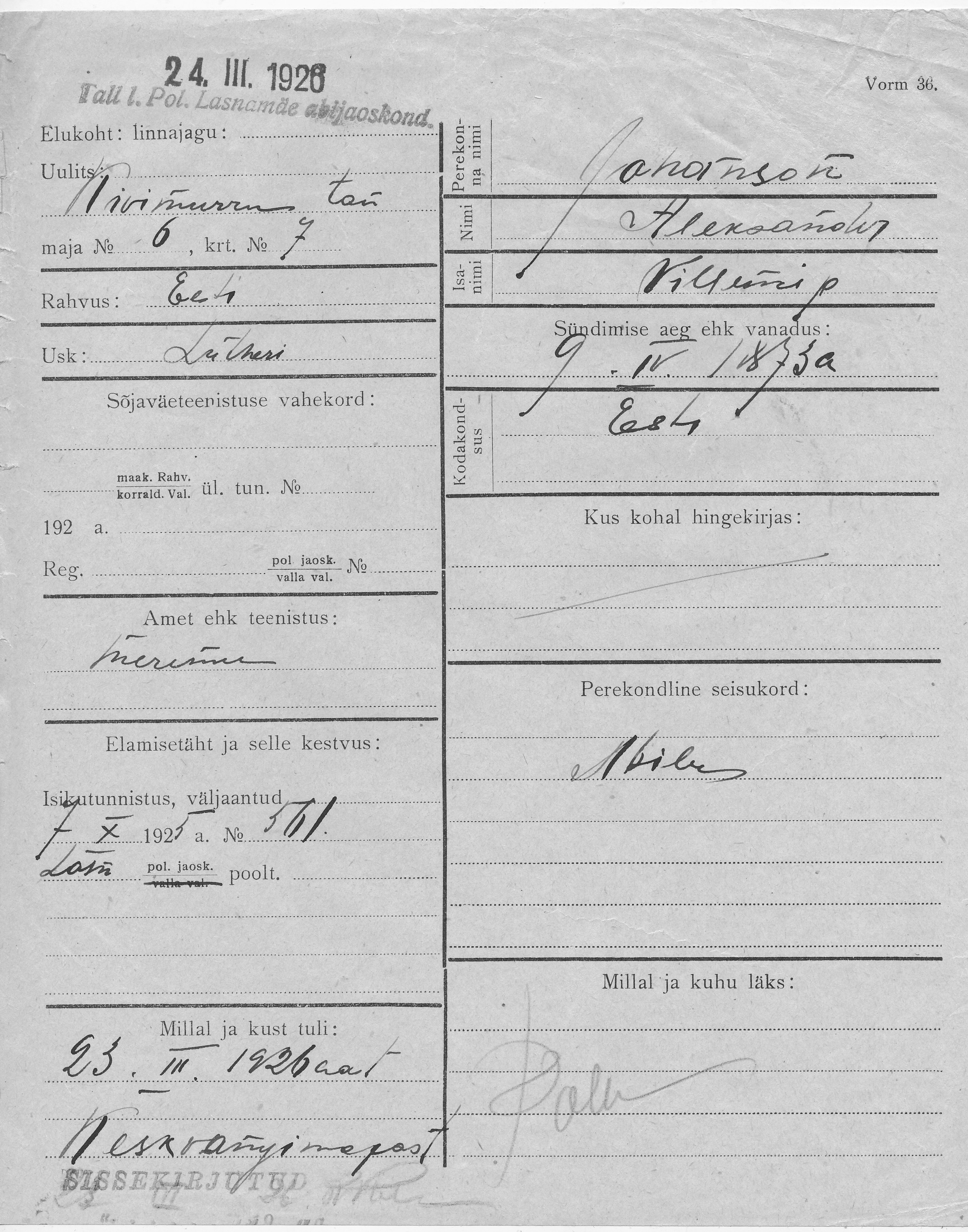 Johanson, Aleksander, Villem