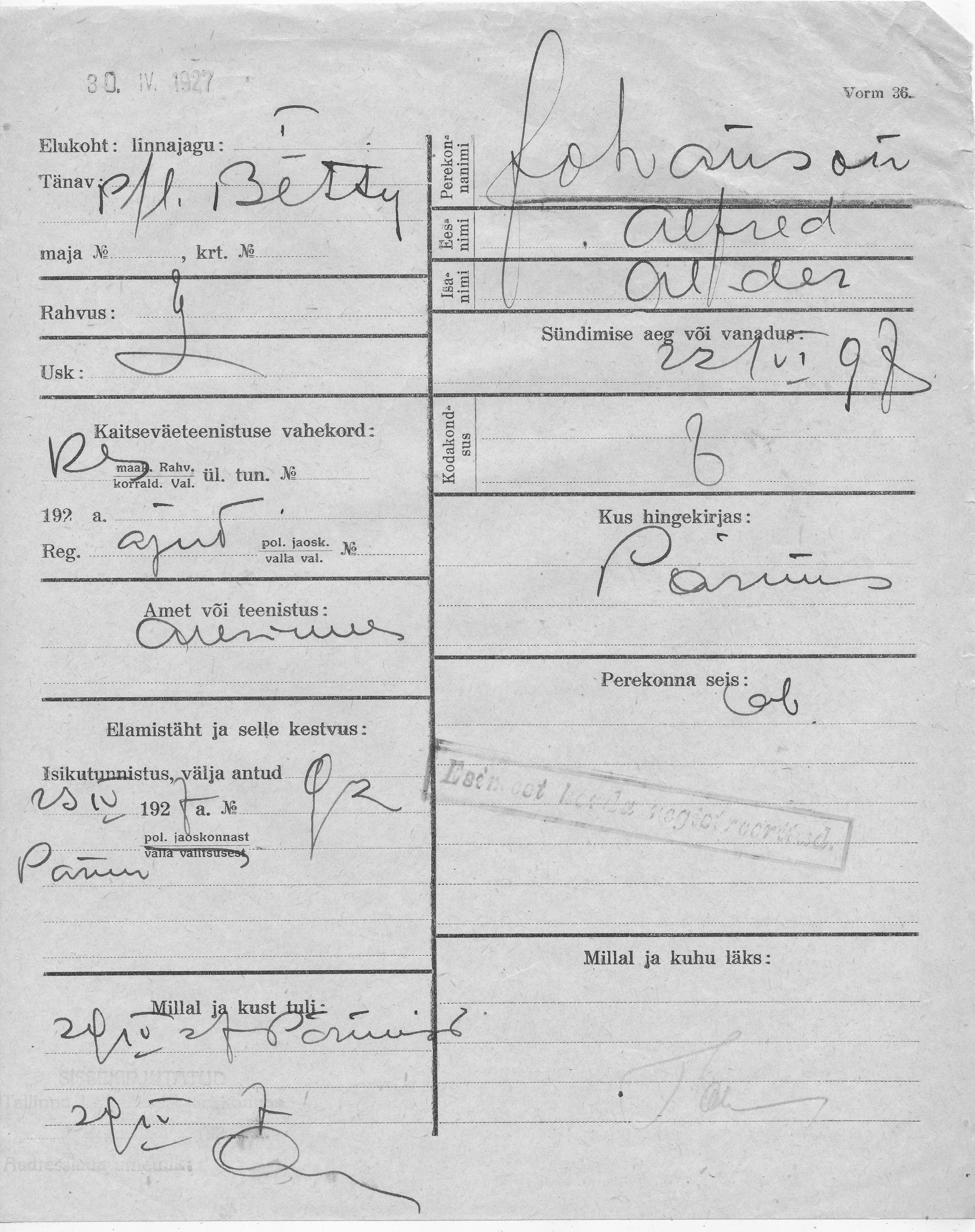 Johanson, Alfred, Aleksander