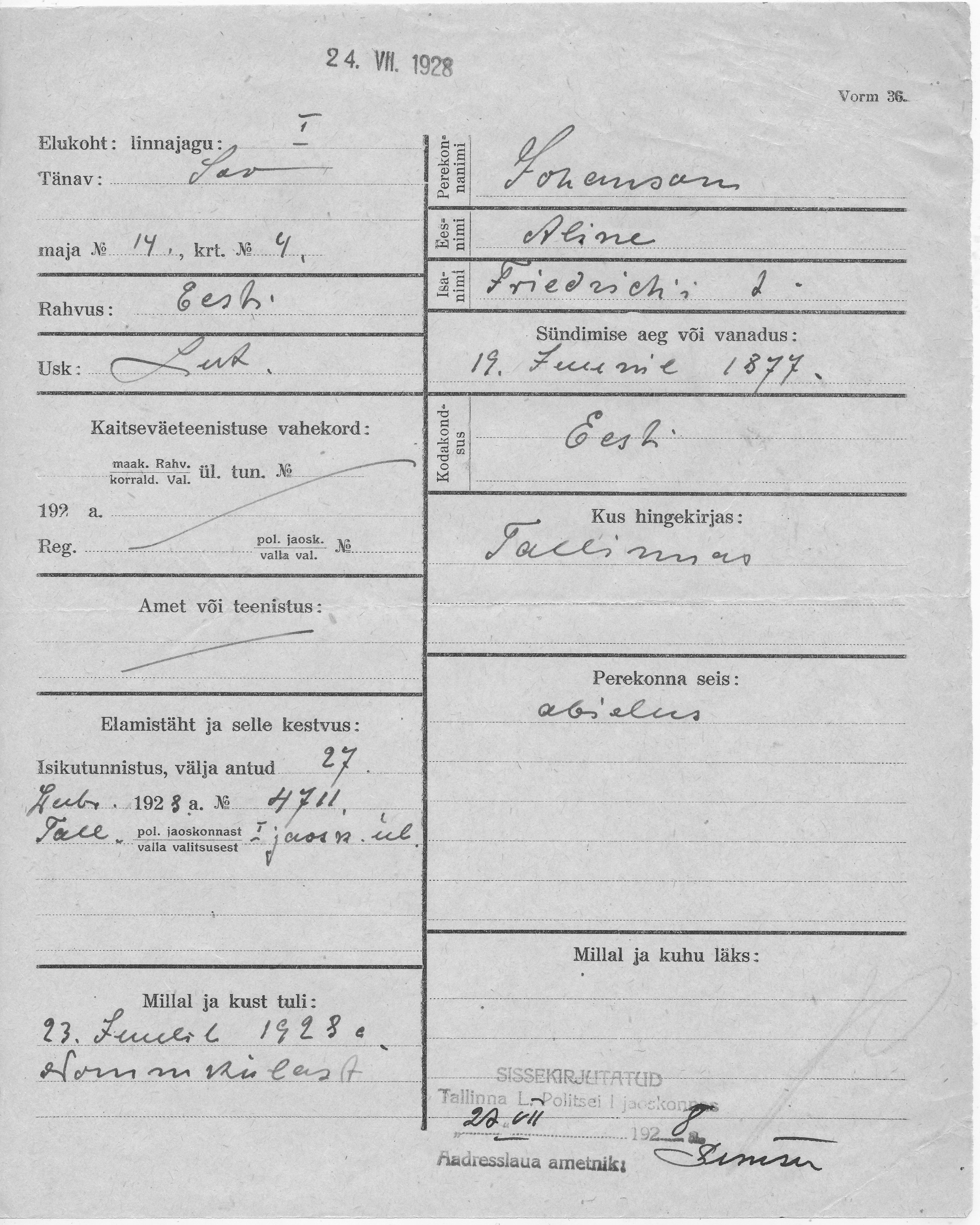 Johanson, Aline, Friedrich