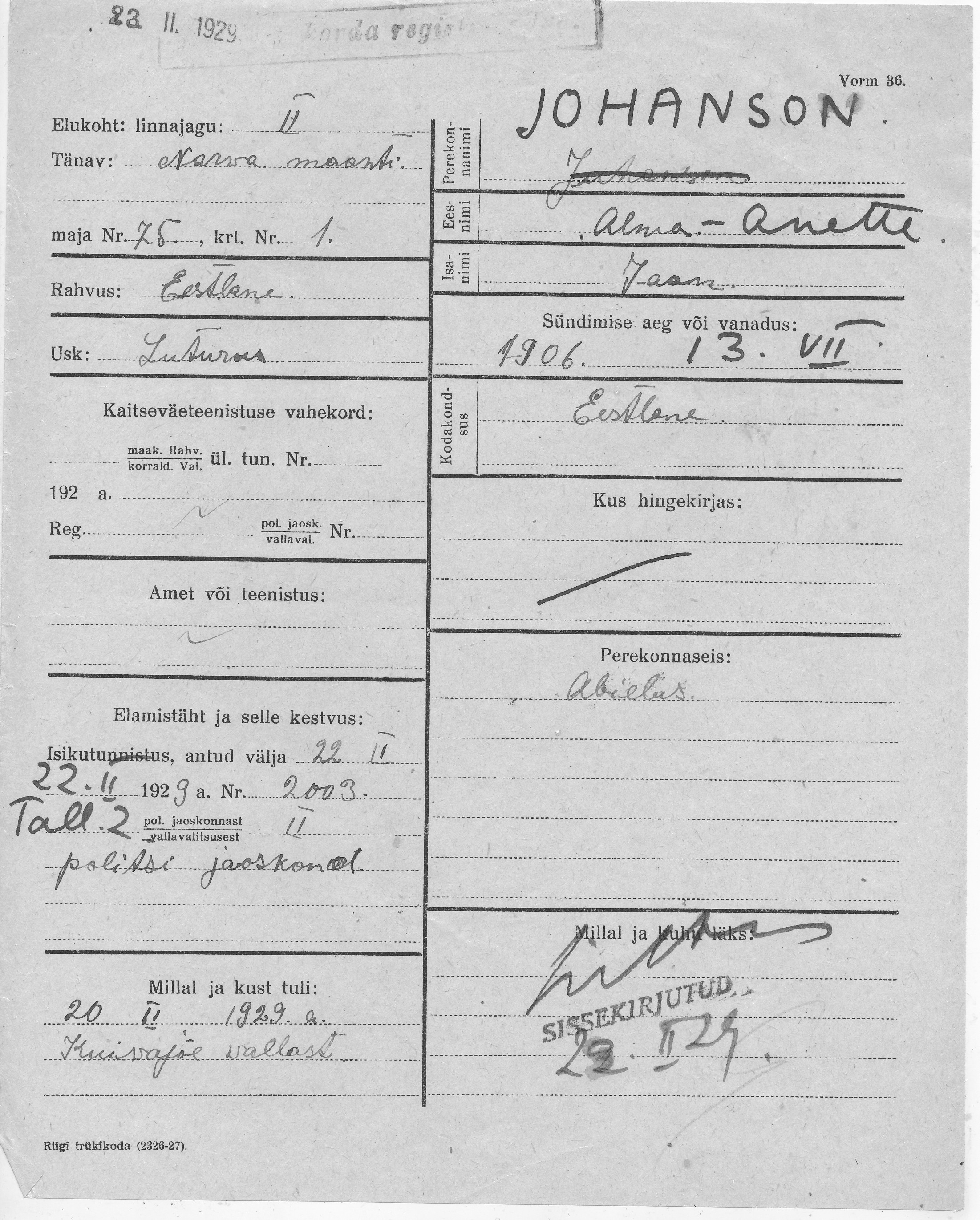 Johanson, Alma-Anette, Jaan