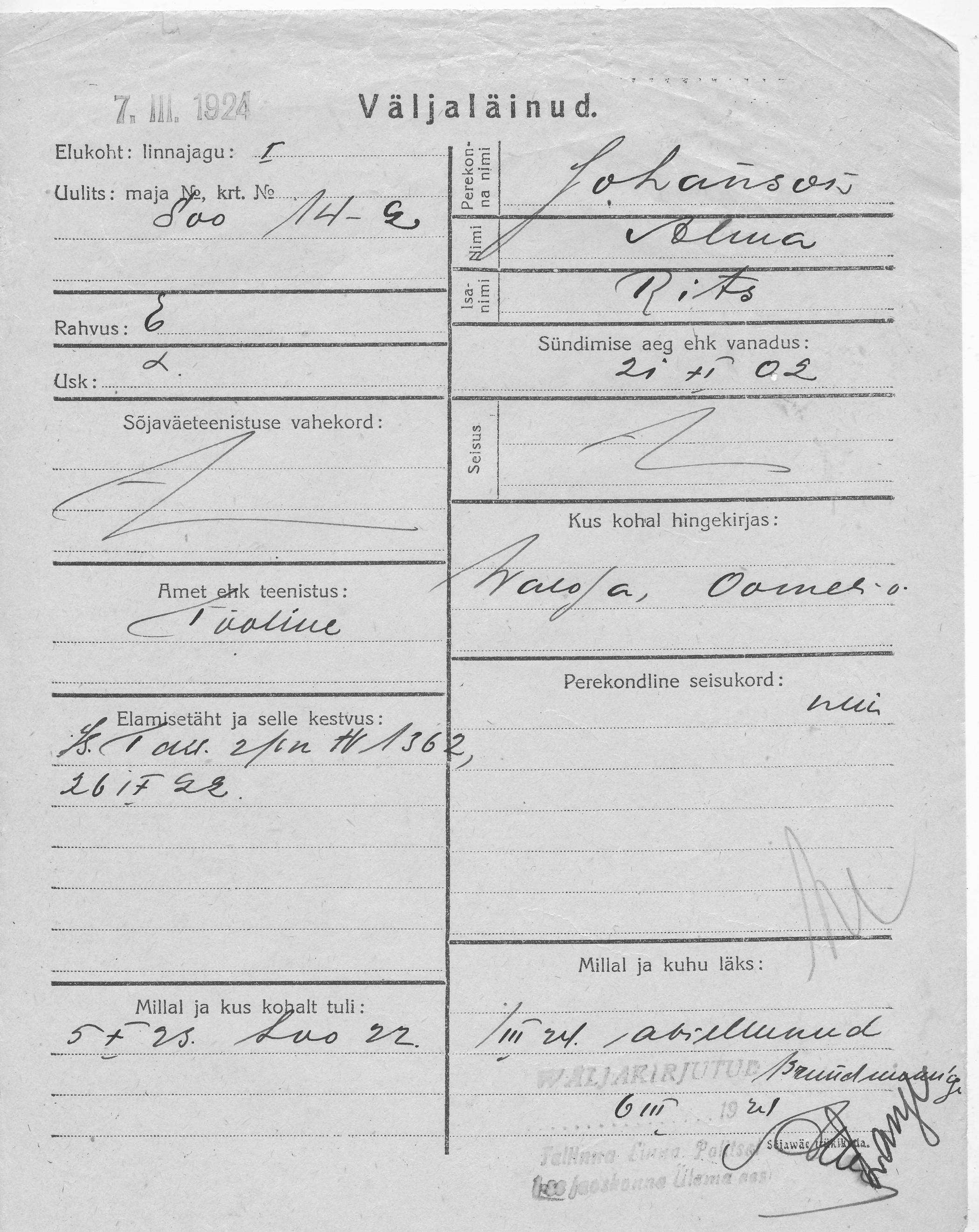 Johanson, Alma, Rits