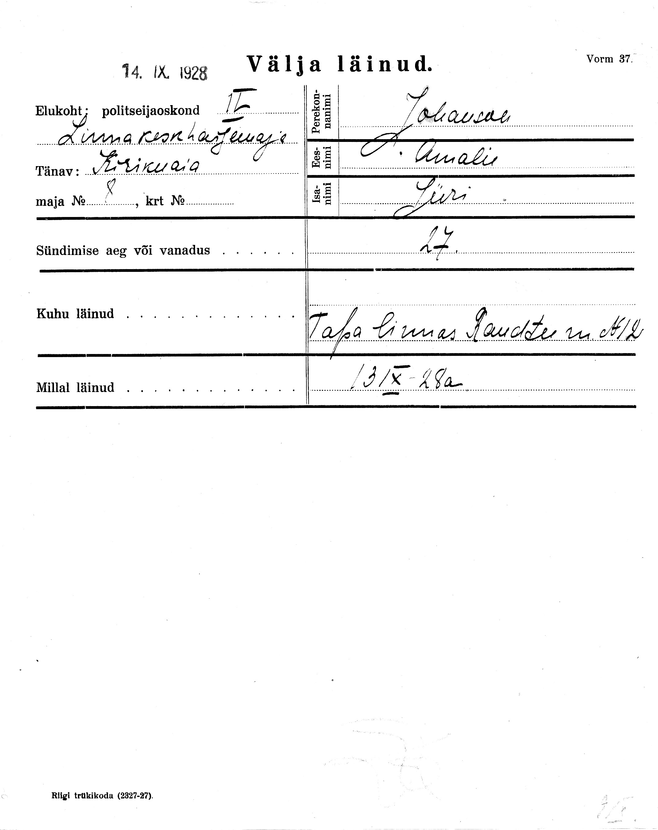 Johanson, Amalie, Jüri