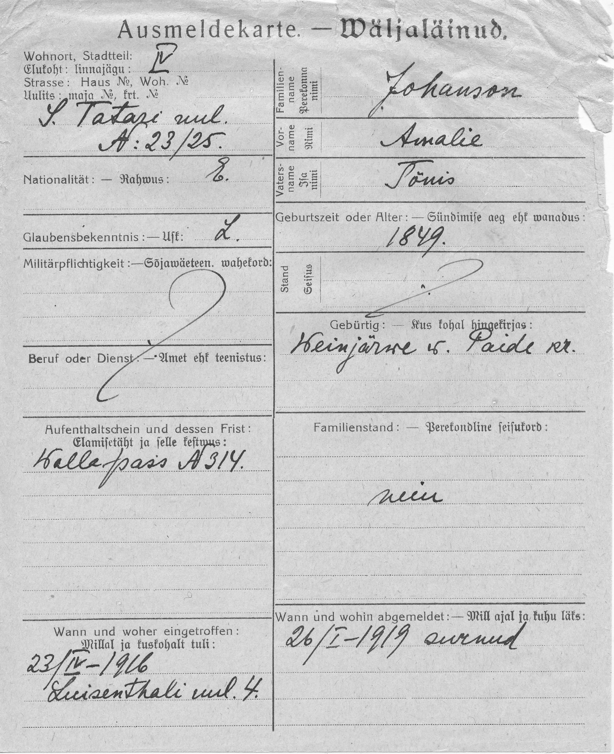 Johanson, Amalie, Tõnis