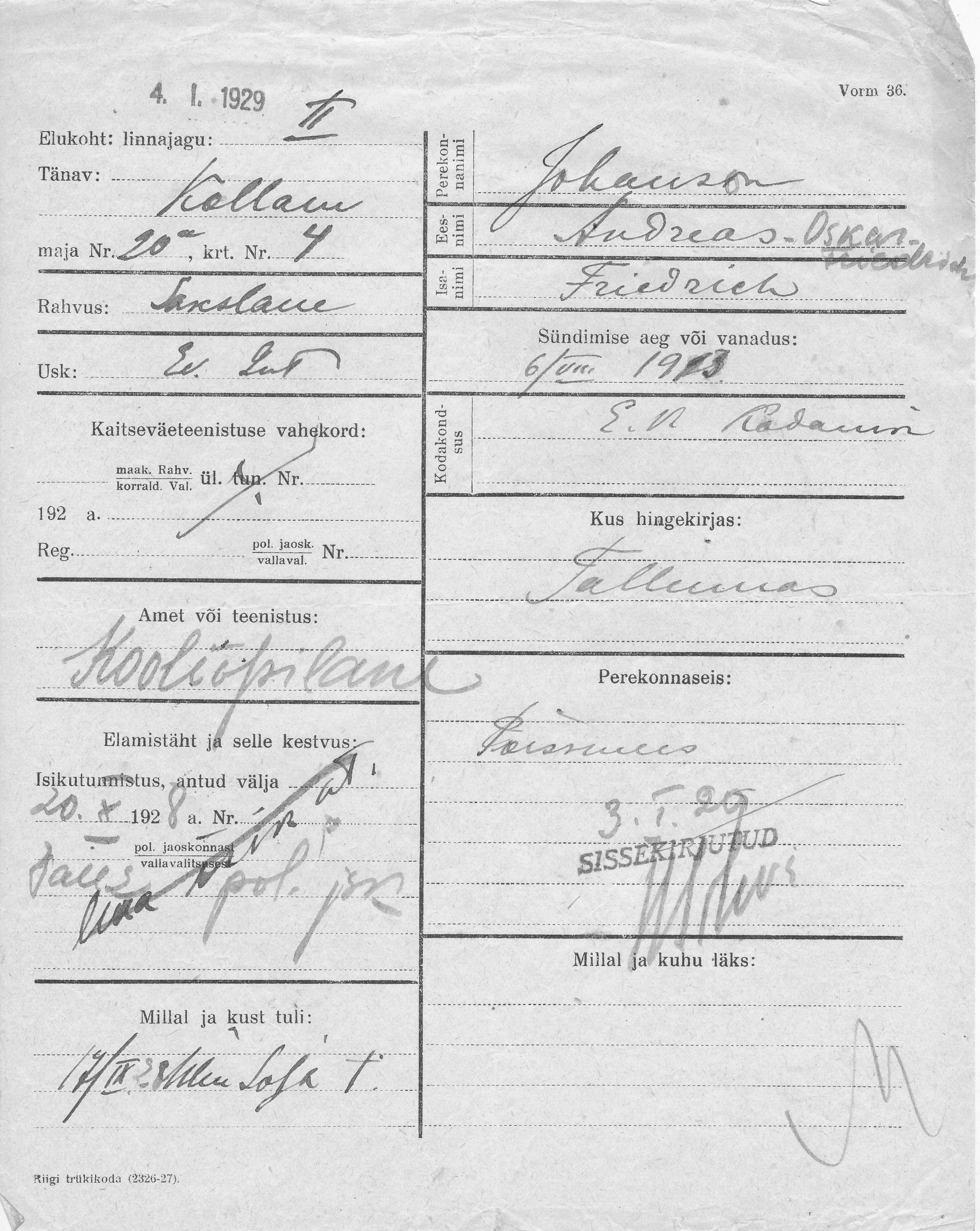 Johanson, Andreas-Oskar-Friedrich, Friedrich