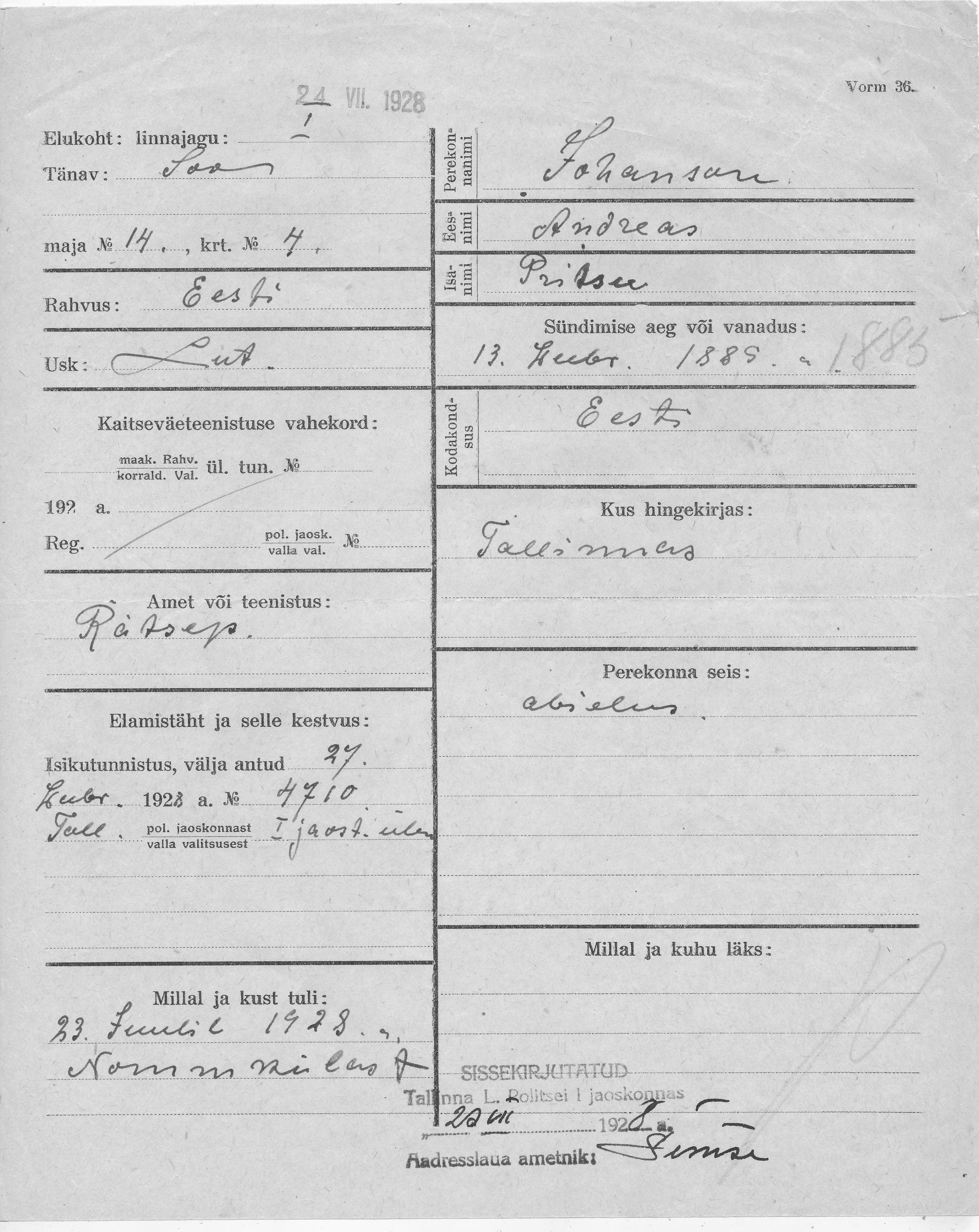 Johanson, Andreas, Prits