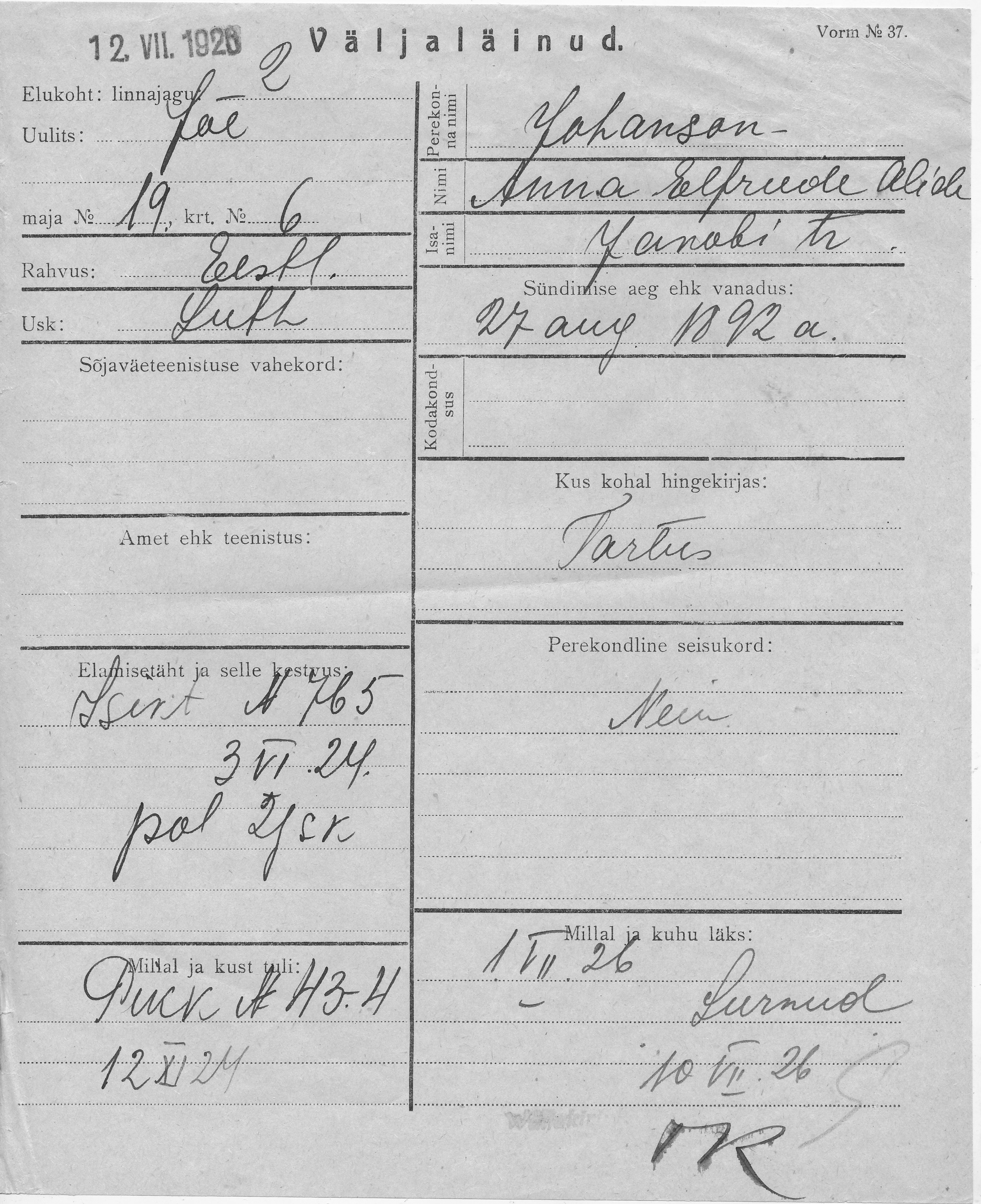 Johanson, Anna Elfriede Alide, Jakob