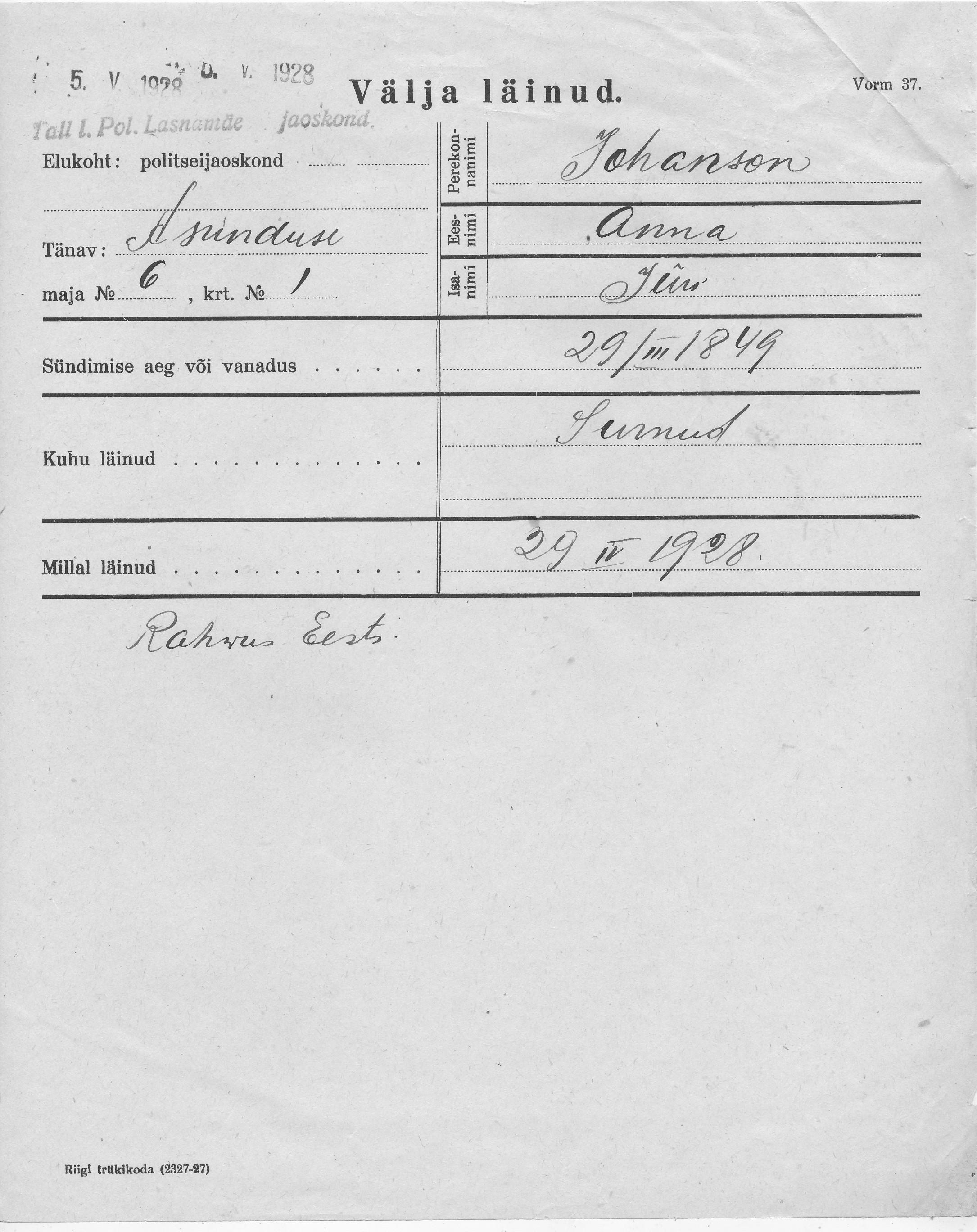 Johanson, Anna, Jüri