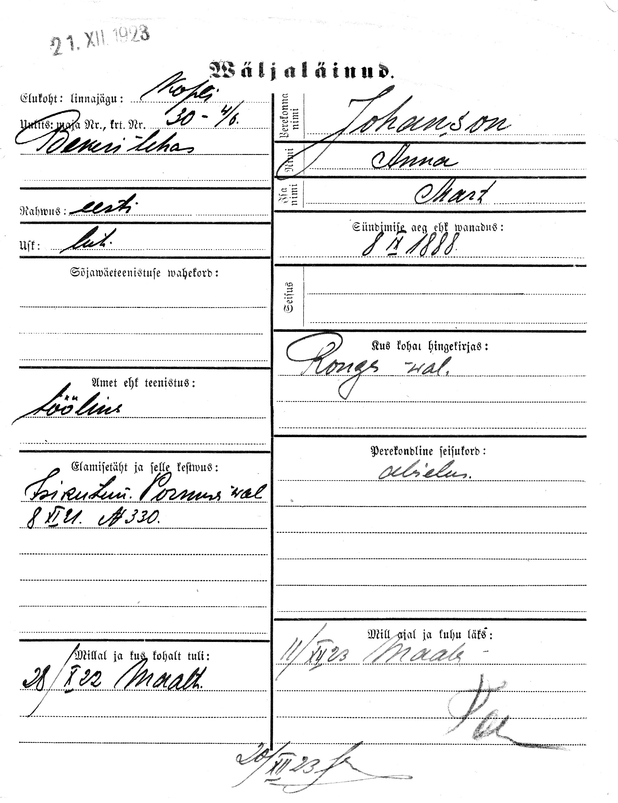 Johanson, Anna, Mart