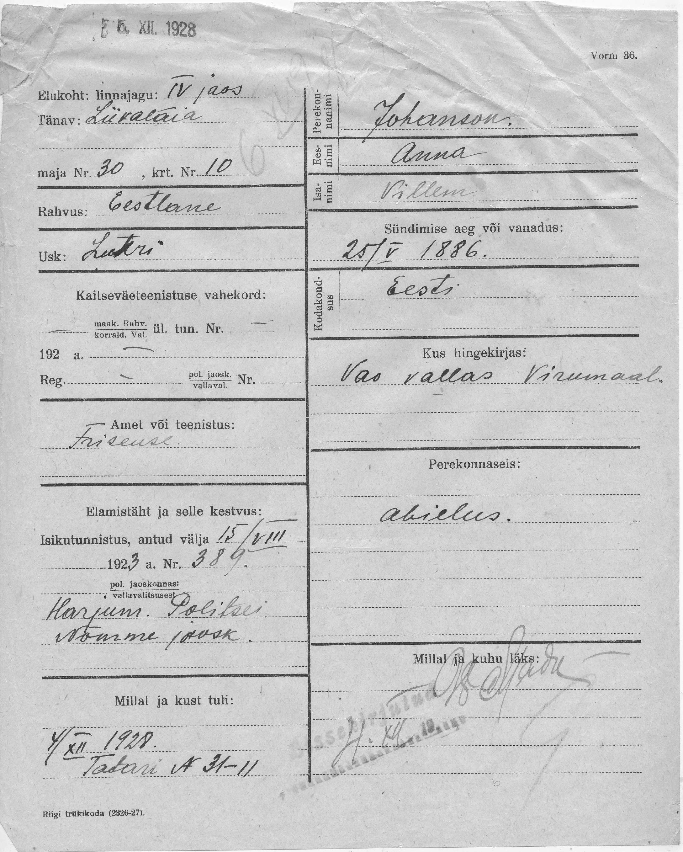 Johanson, Anna, Villem