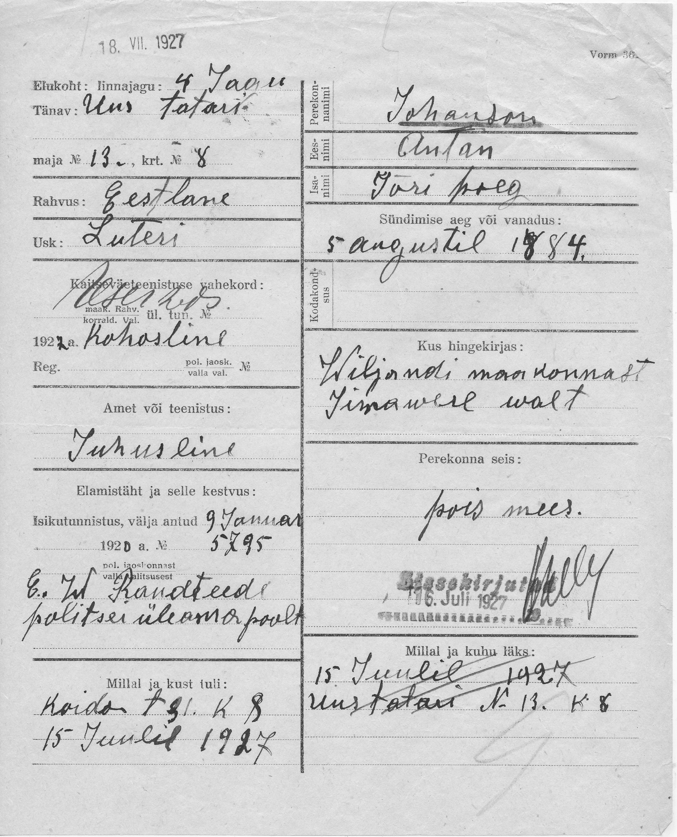 Johanson, Anton, Jüri