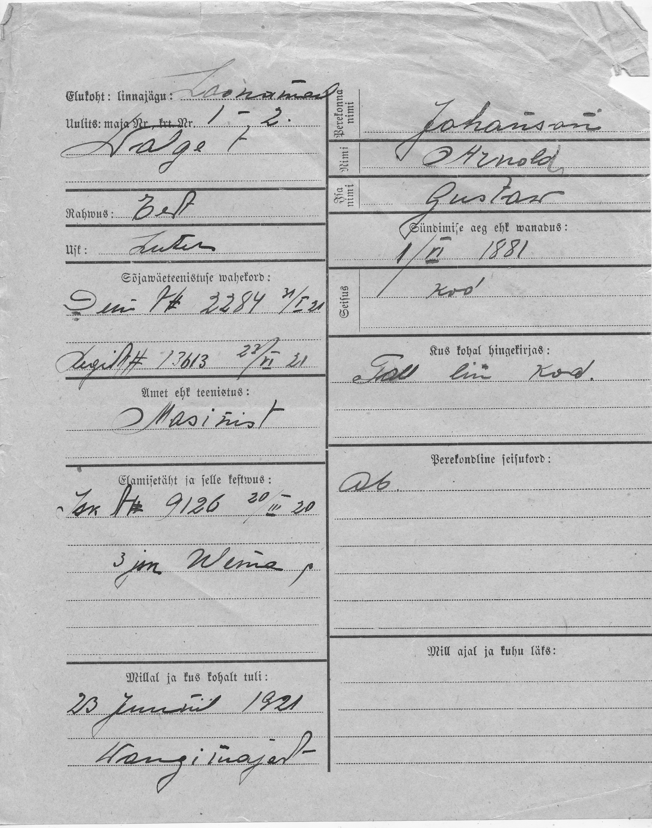 Johanson, Arnold, Gustaw