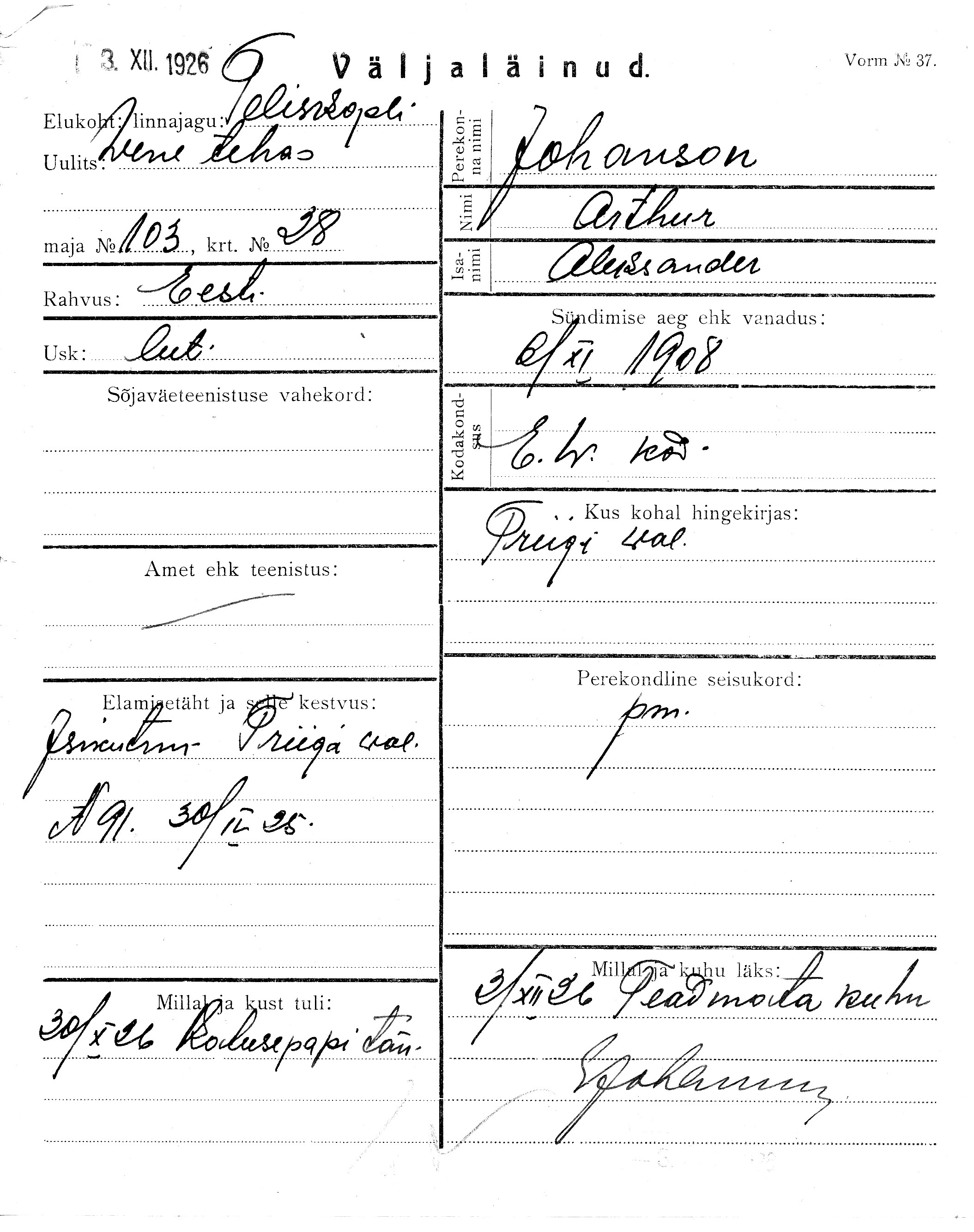 Johanson, Arthur, Aleksander