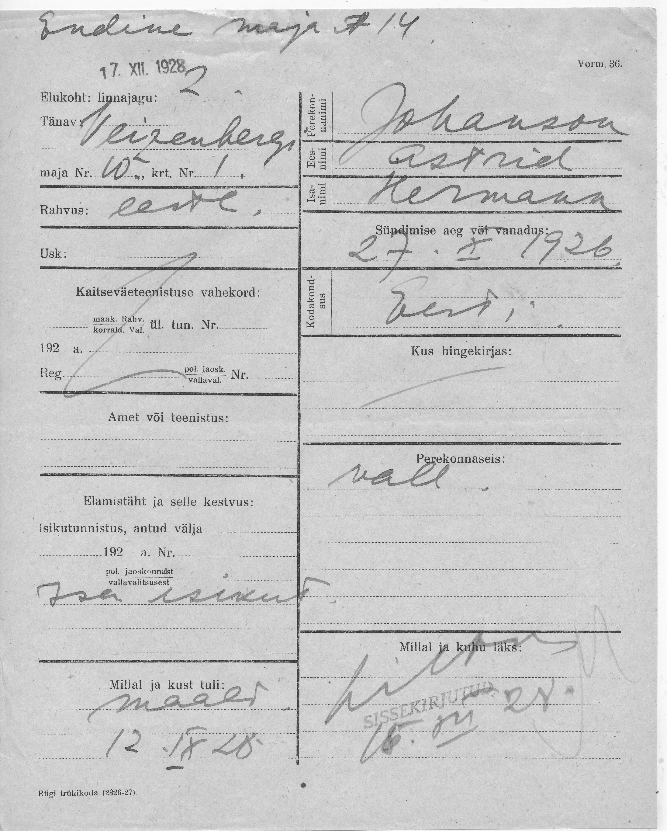 Johanson, Astrid, Hermann