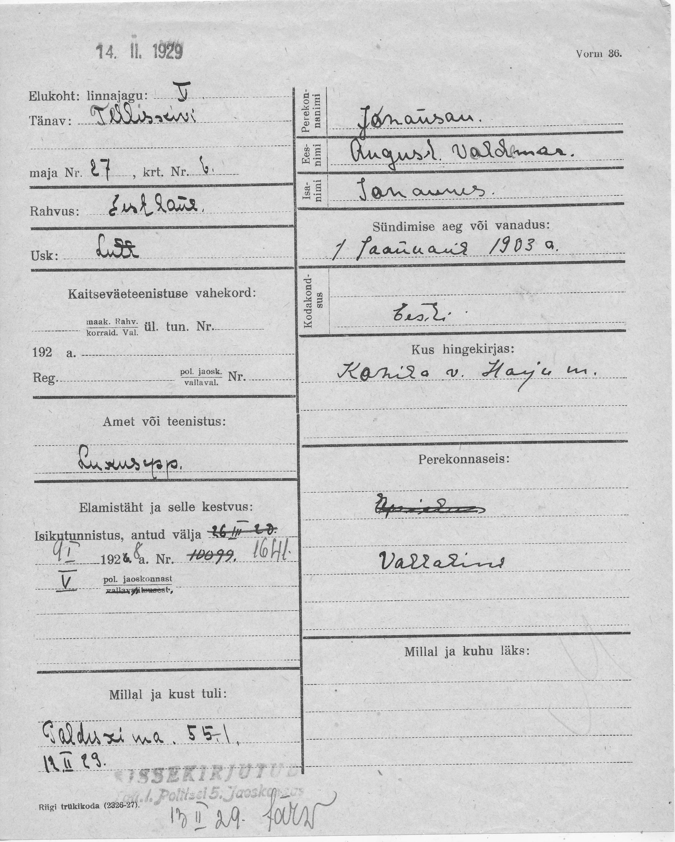 Johanson, August Voldemar, Johannes