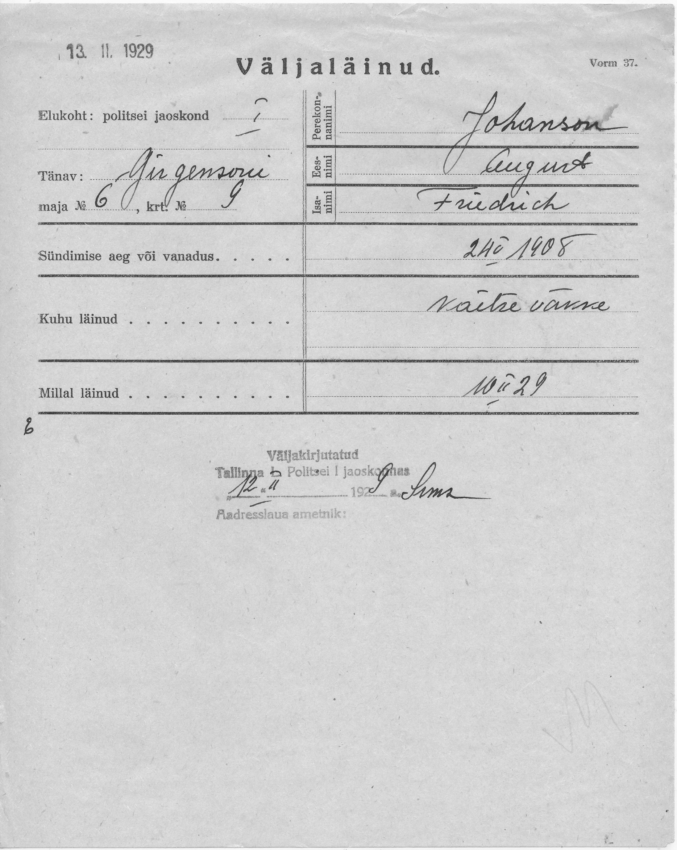 Johanson, August, Friedrich