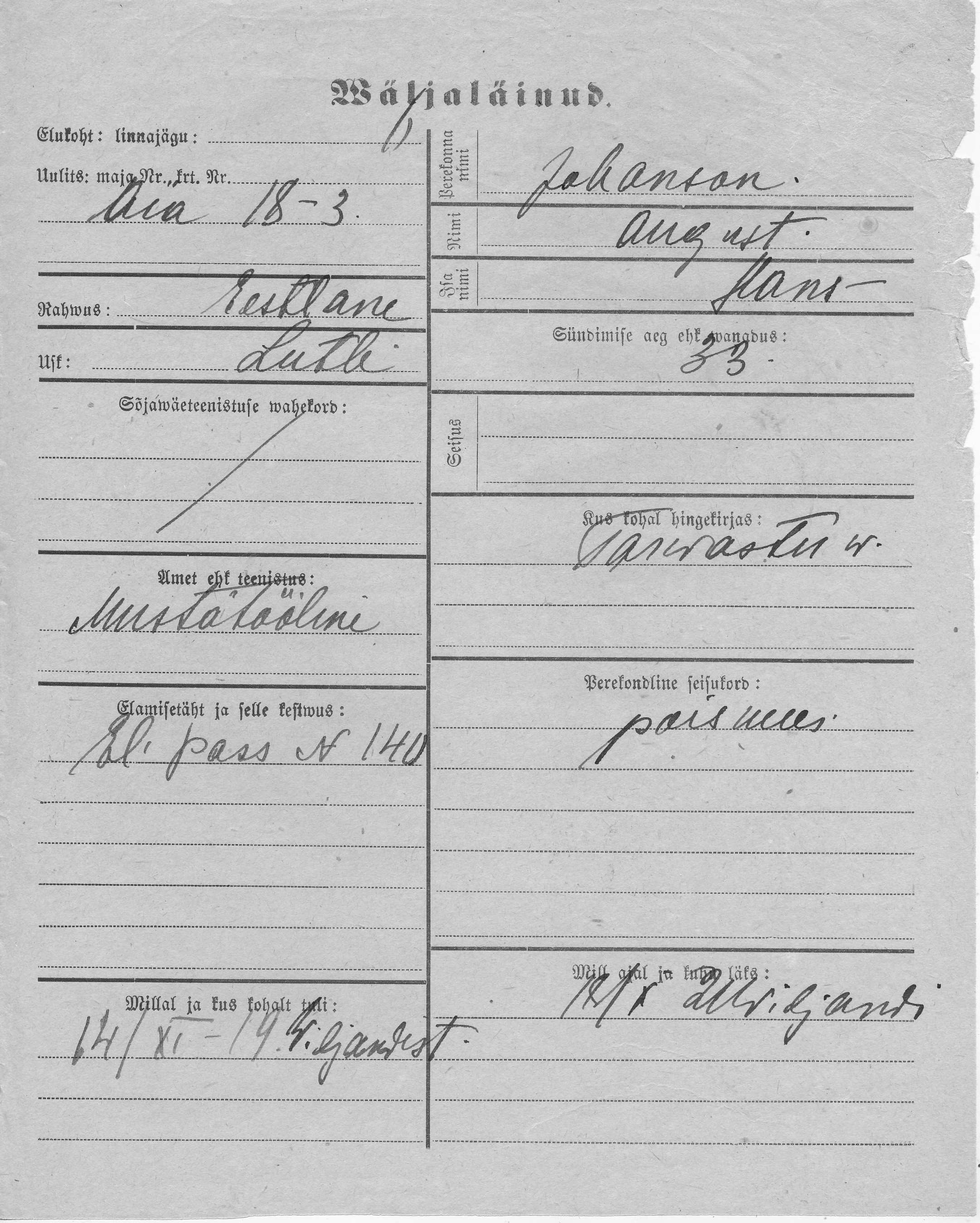 Johanson, August, Hans