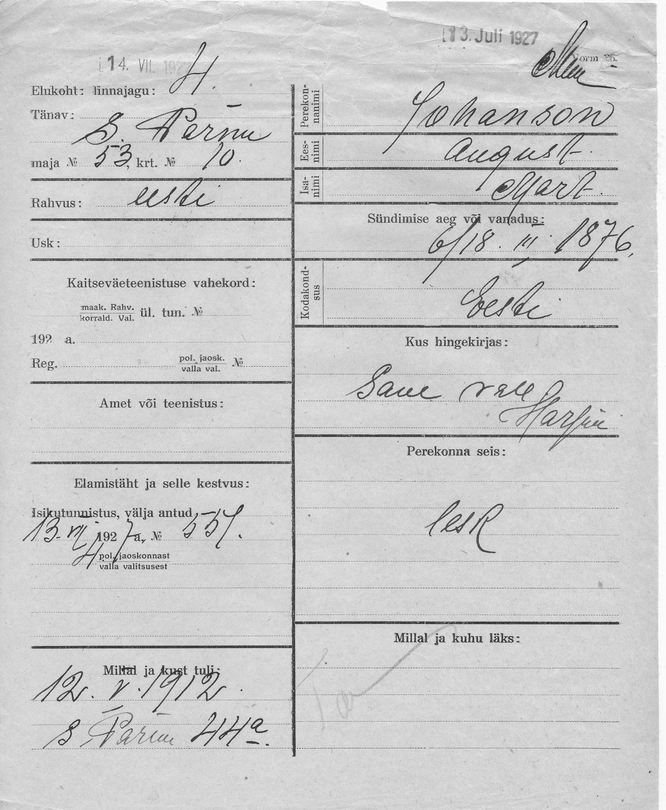 Johanson, August, Mart