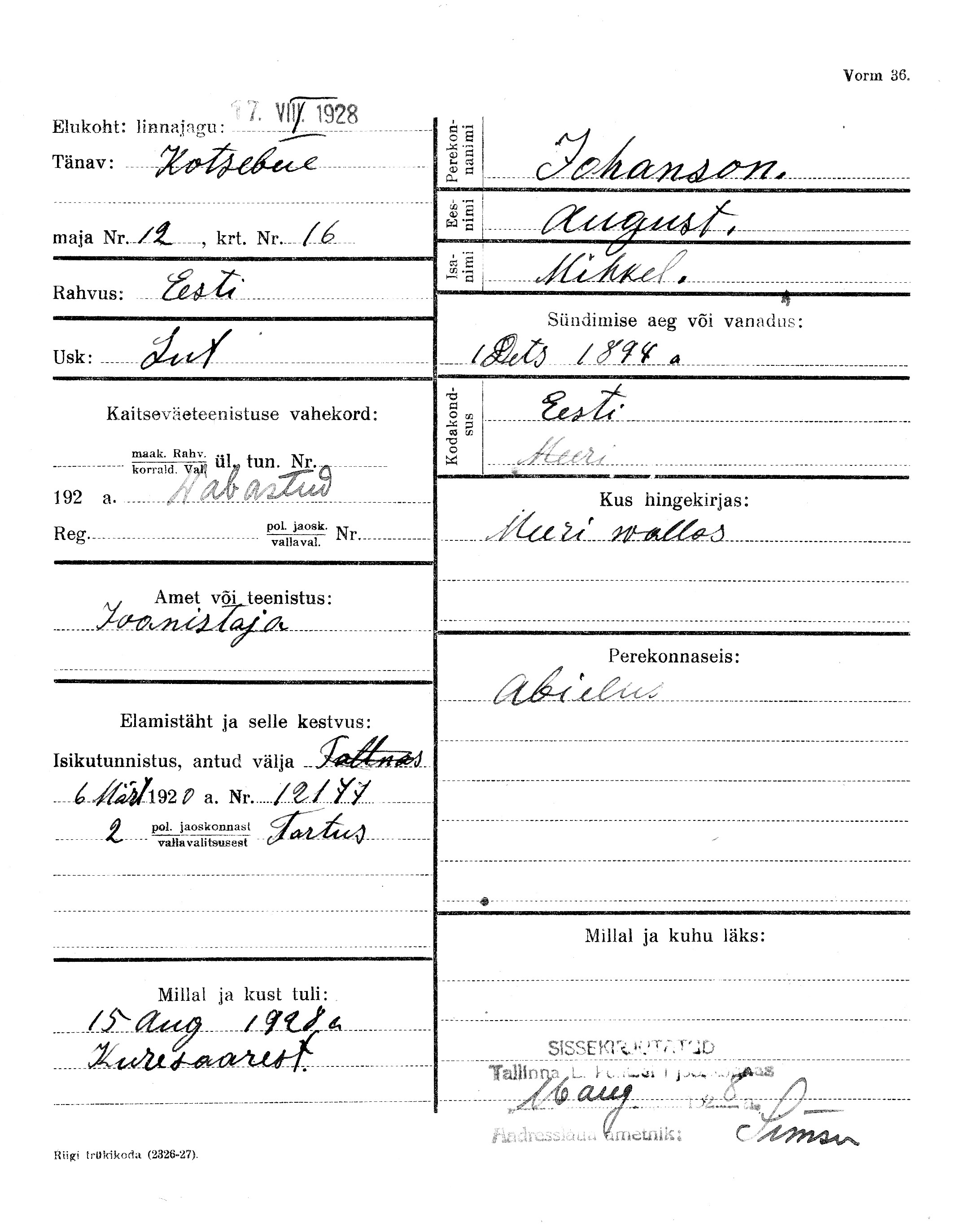 Johanson, August, Mihkel