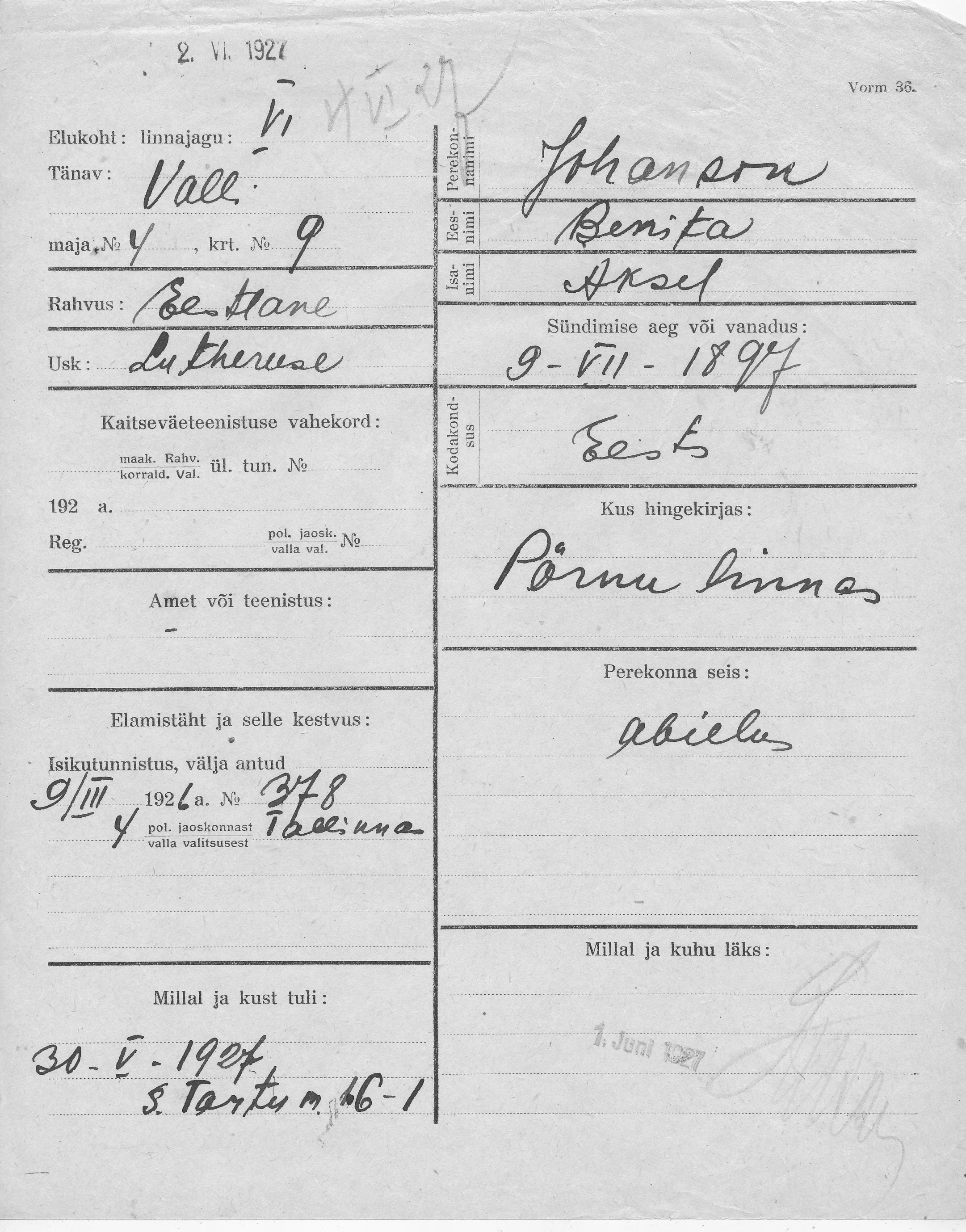 Johanson, Benita, Aksel