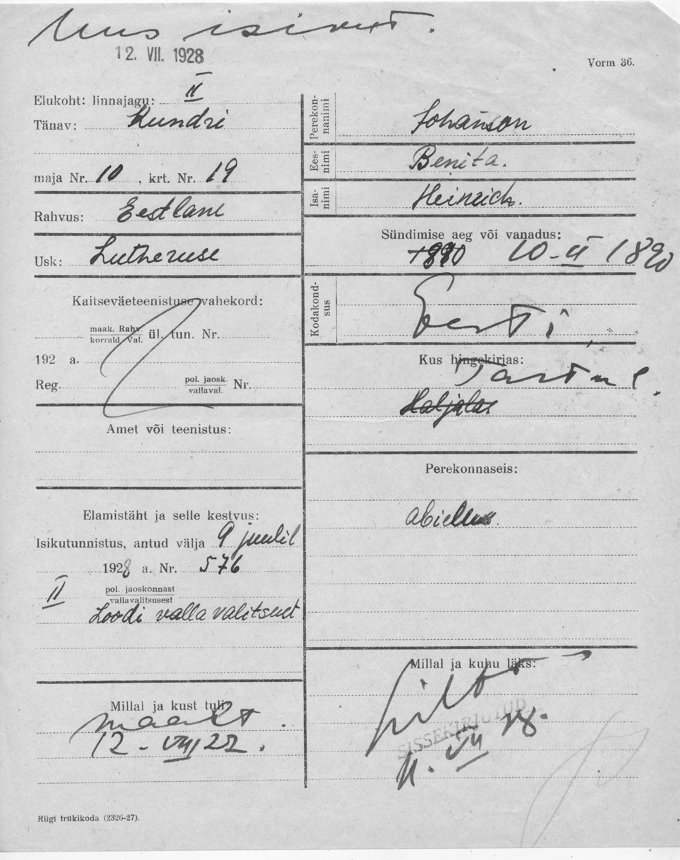 Johanson, Benita, Heinrich