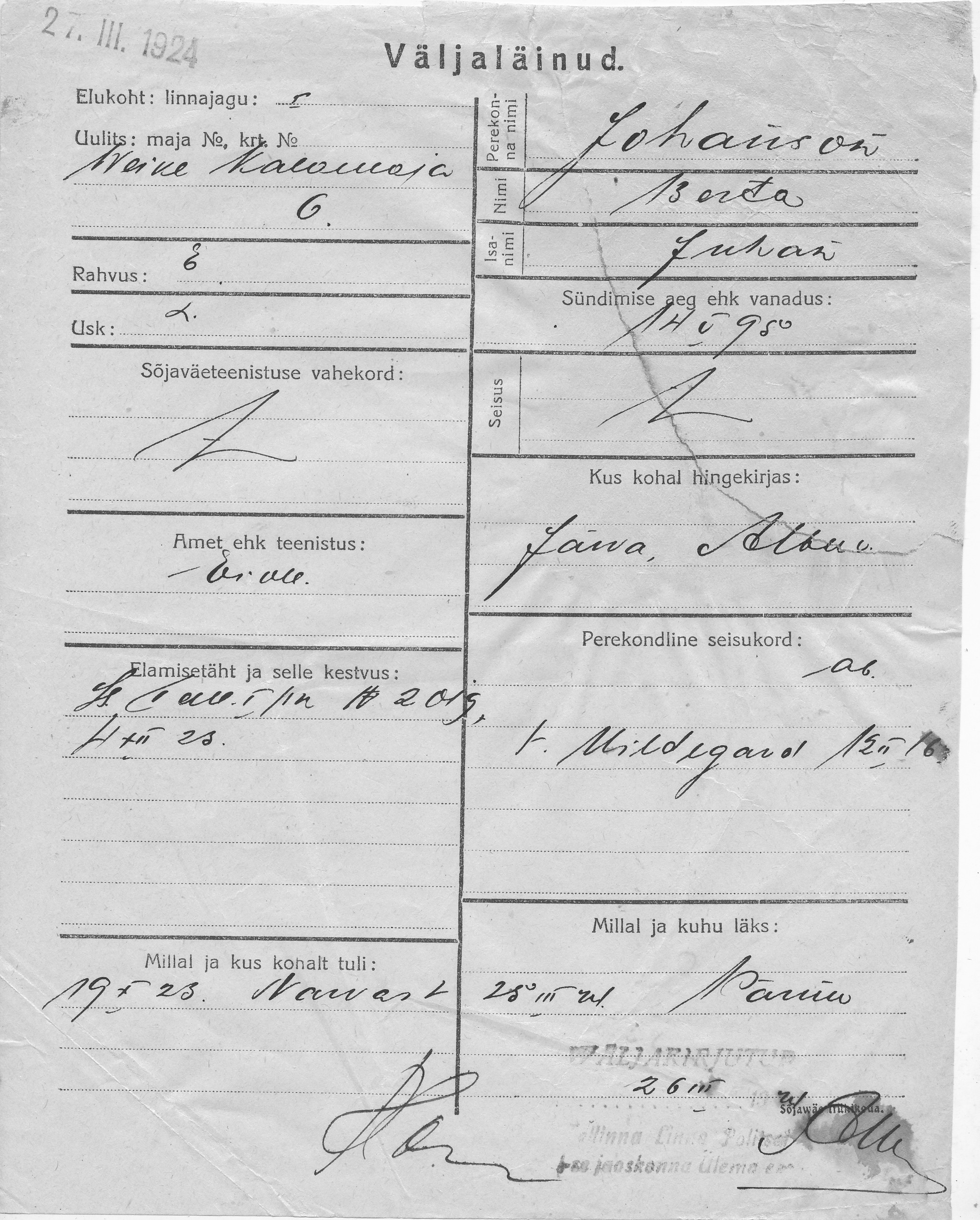 Johanson, Berta, Juhan