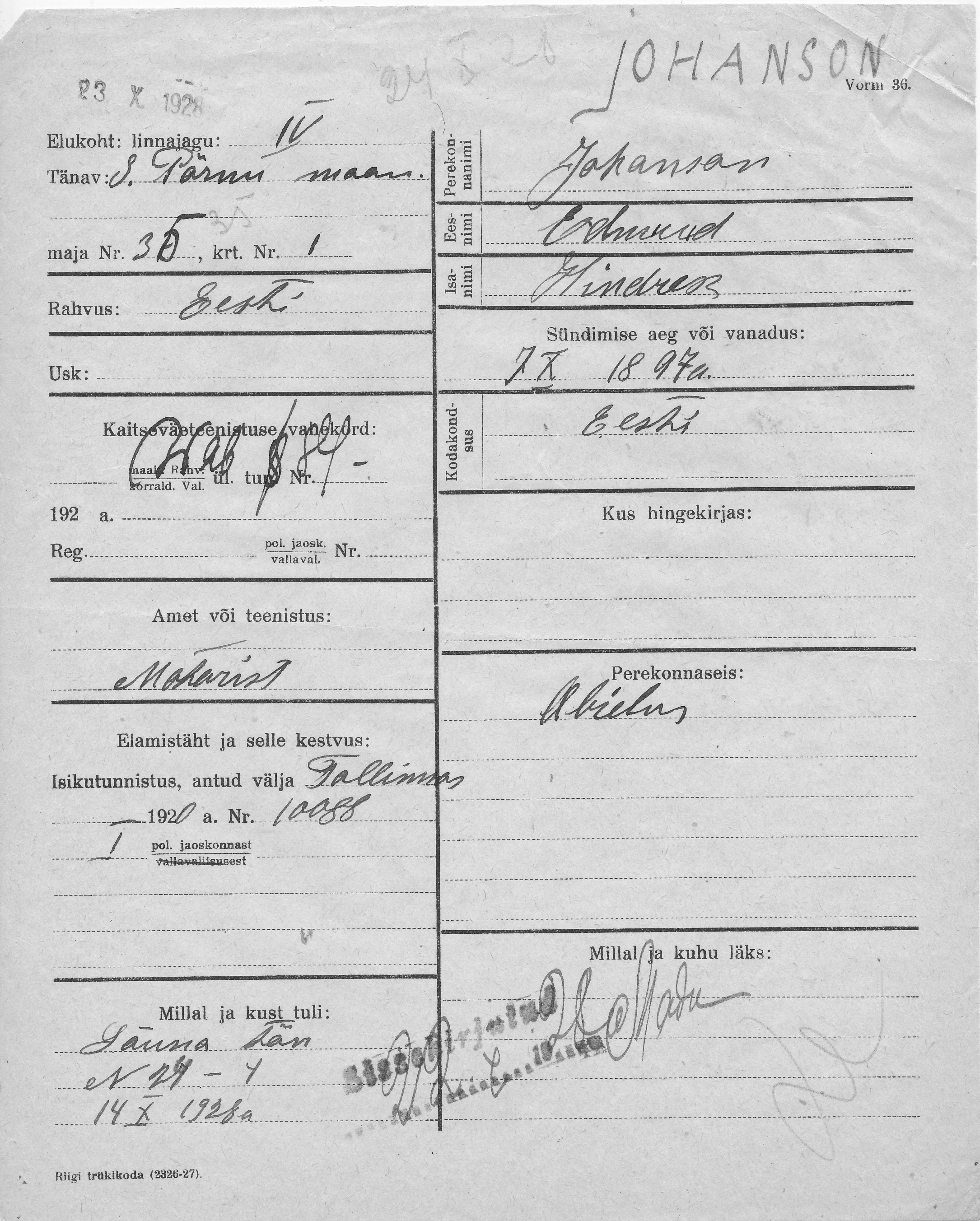 Johanson, Edmund, Hindrek