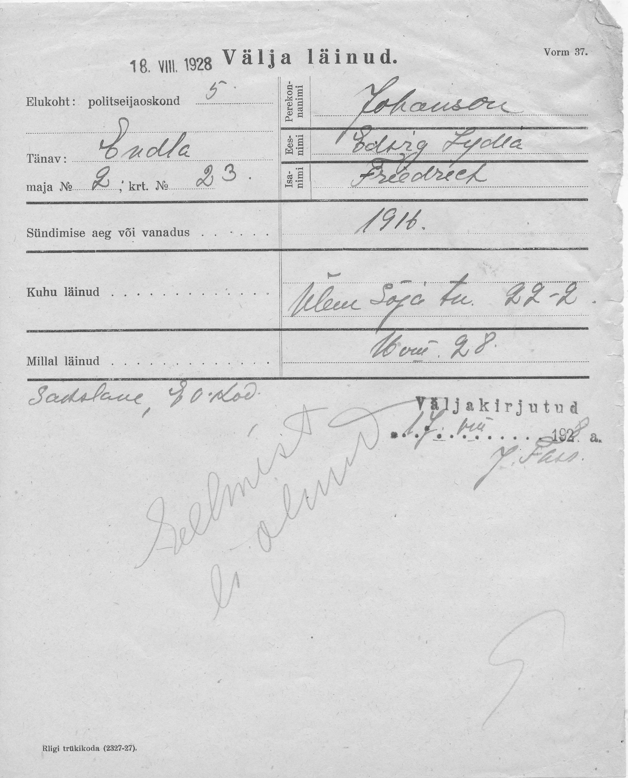 Johanson, Edvig Lydia, Friedrich