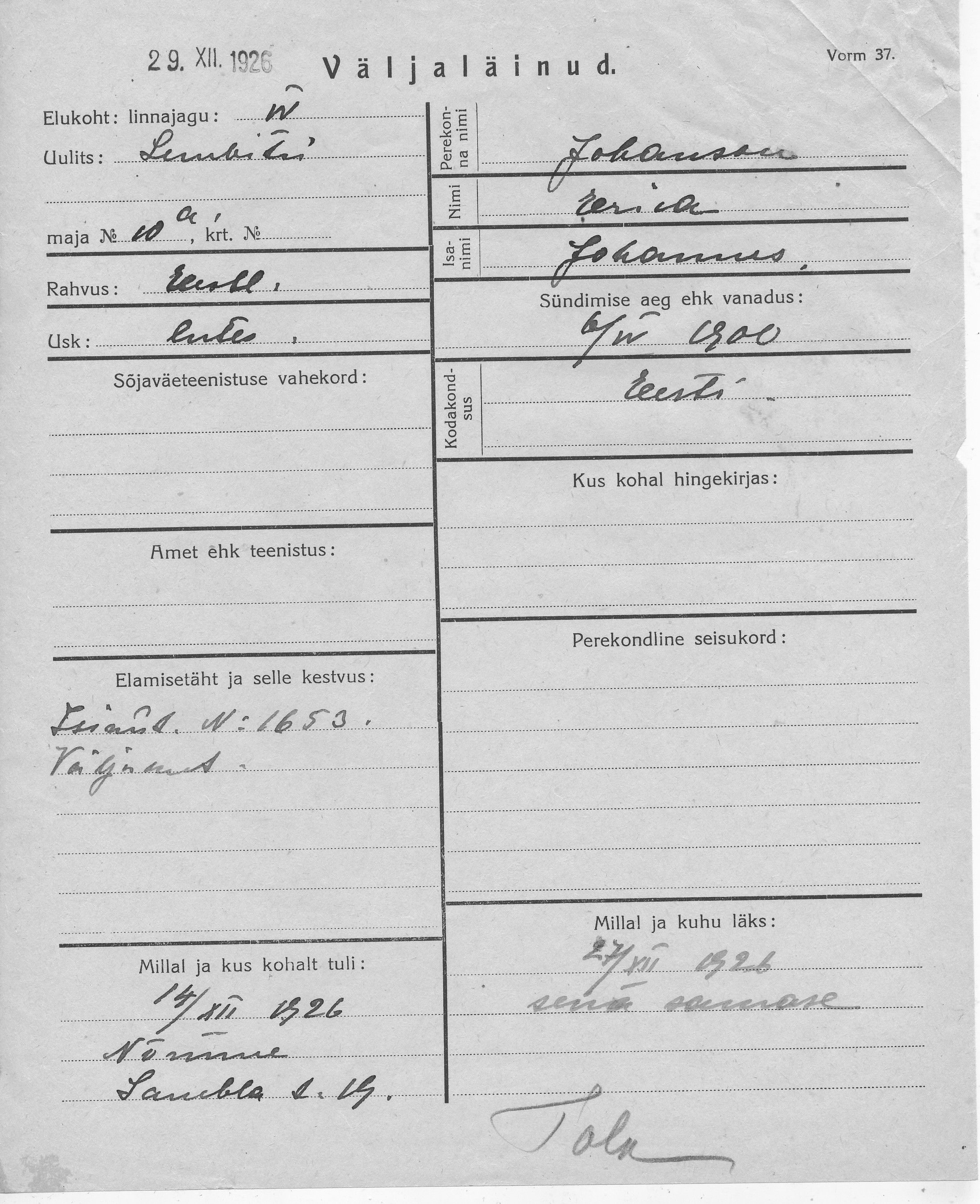 Johanson, Eerica, Johannes