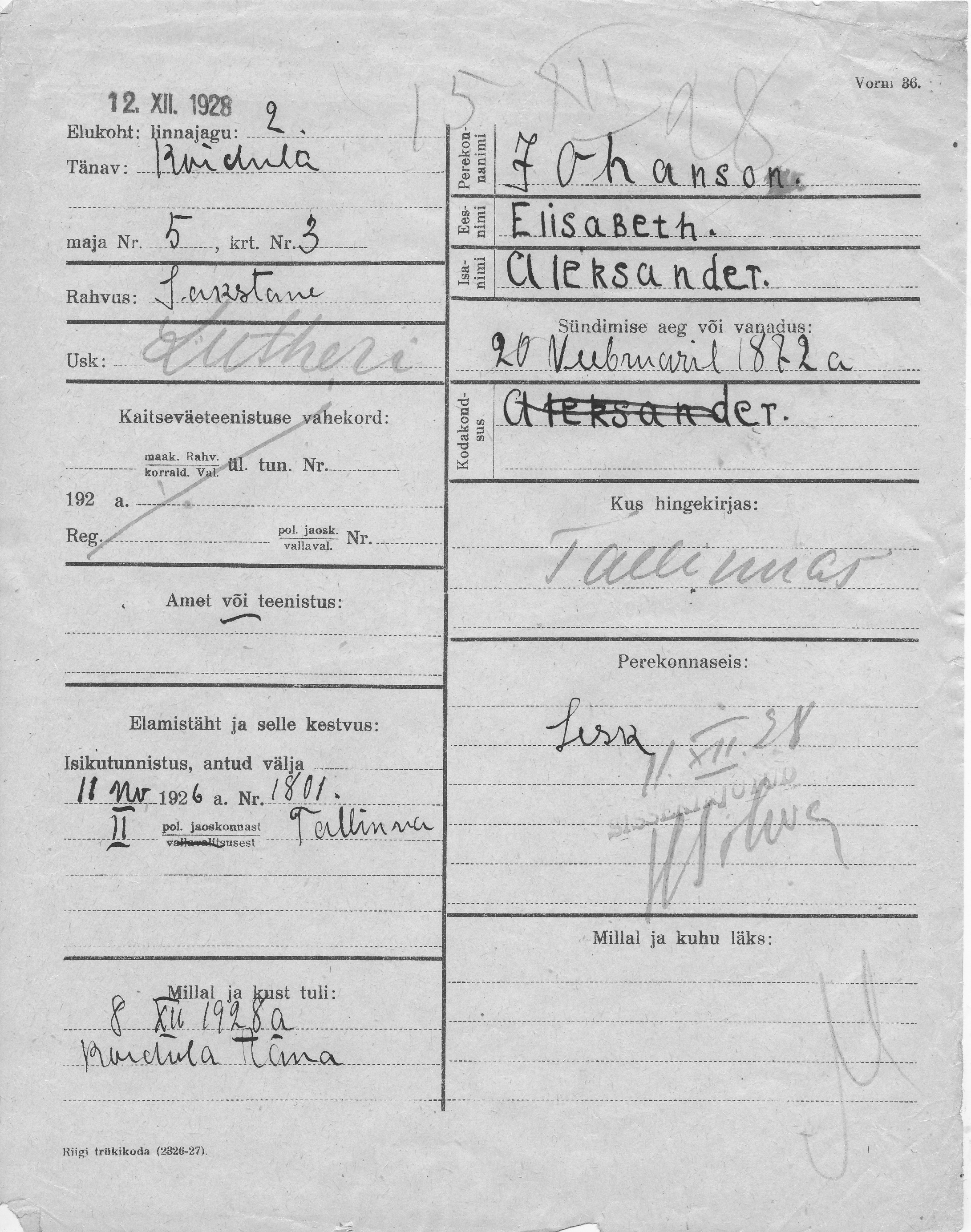 Johanson, Elisabeth, Aleksander