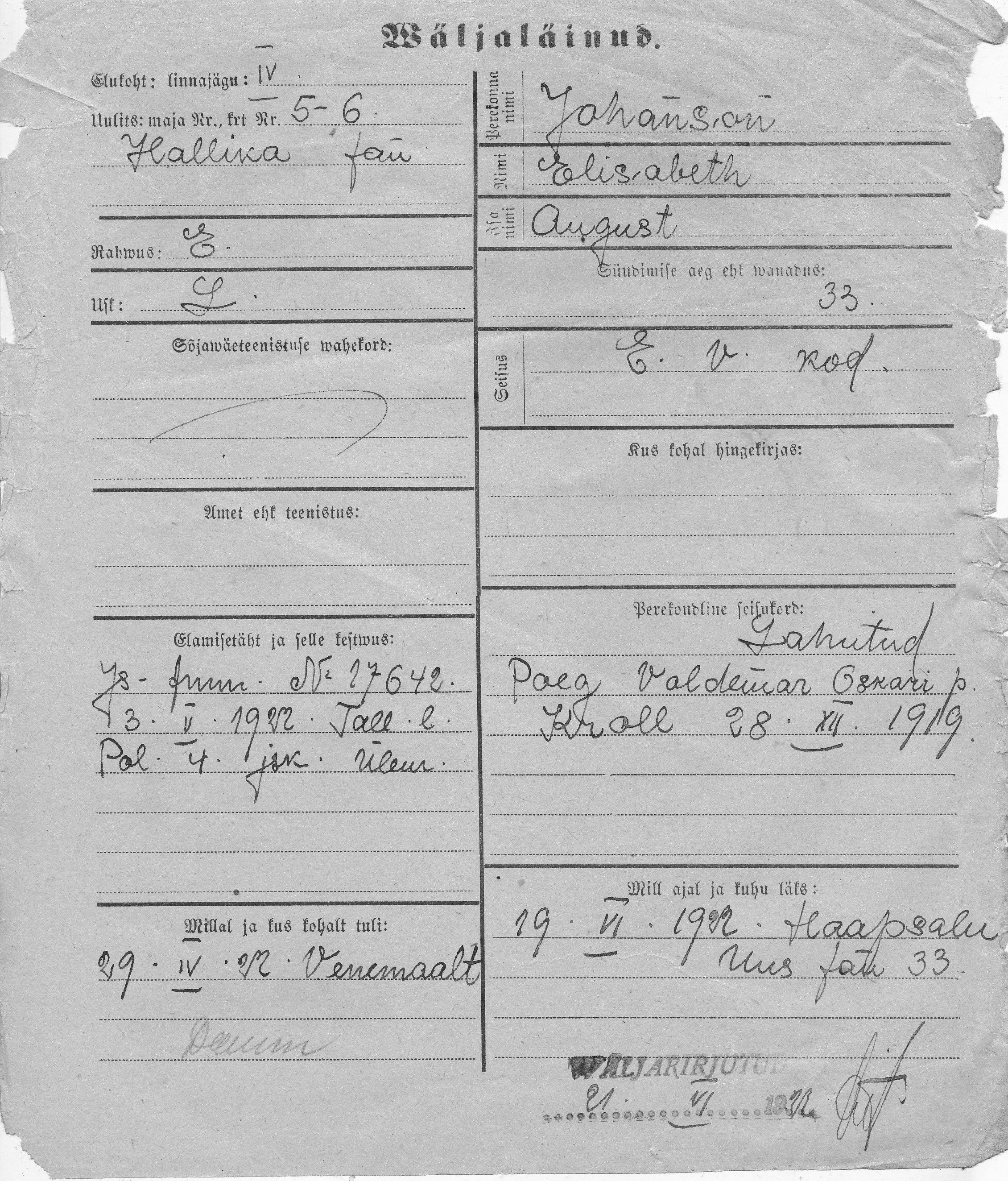 Johanson, Elisabeth, August