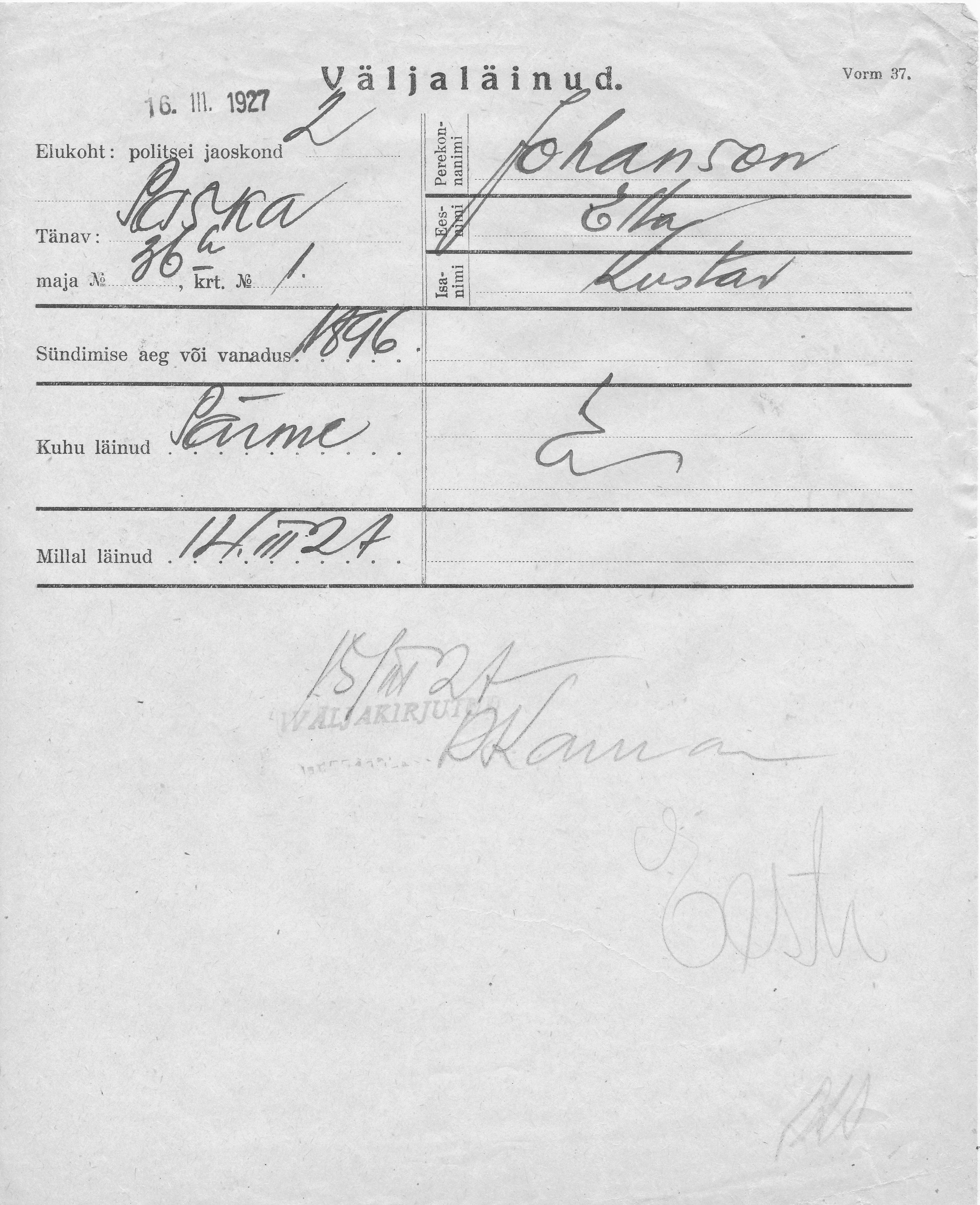 Johanson, Ella, Kustav