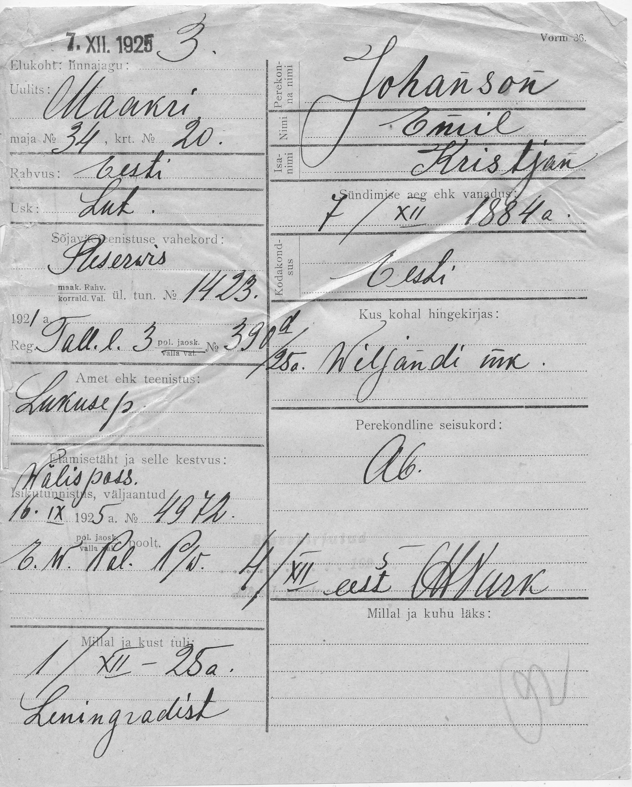 Johanson, Emil, Kristjan