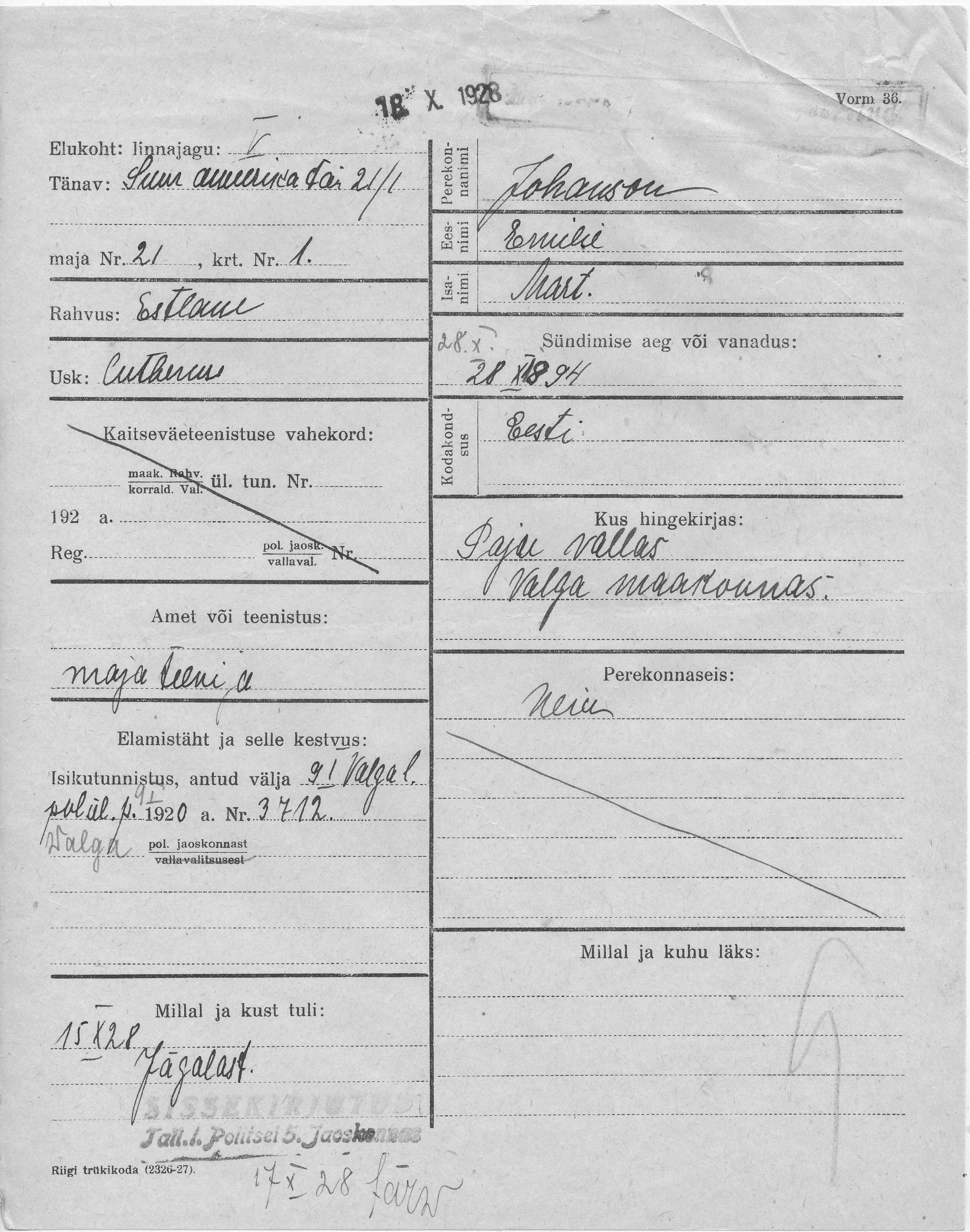 Johanson, Emilie, Mart