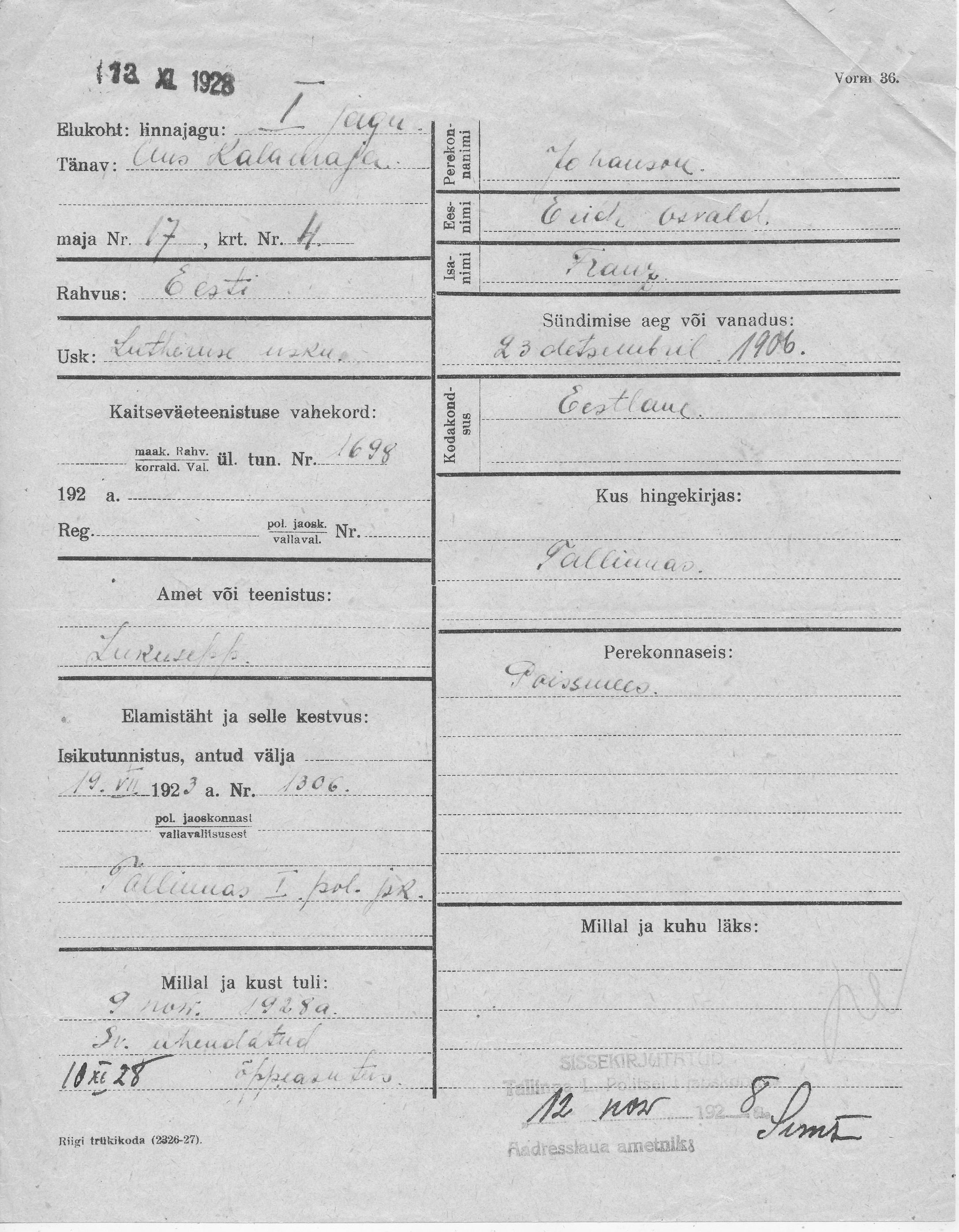 Johanson, Erich Osvald, Franz