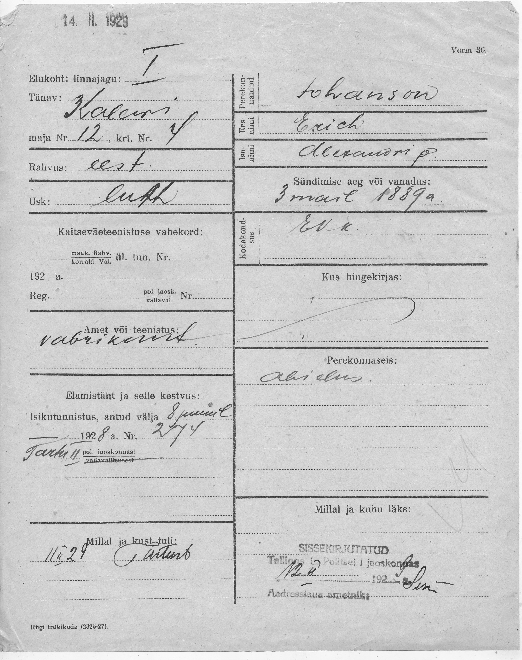 Johanson, Erich, Aleksandr