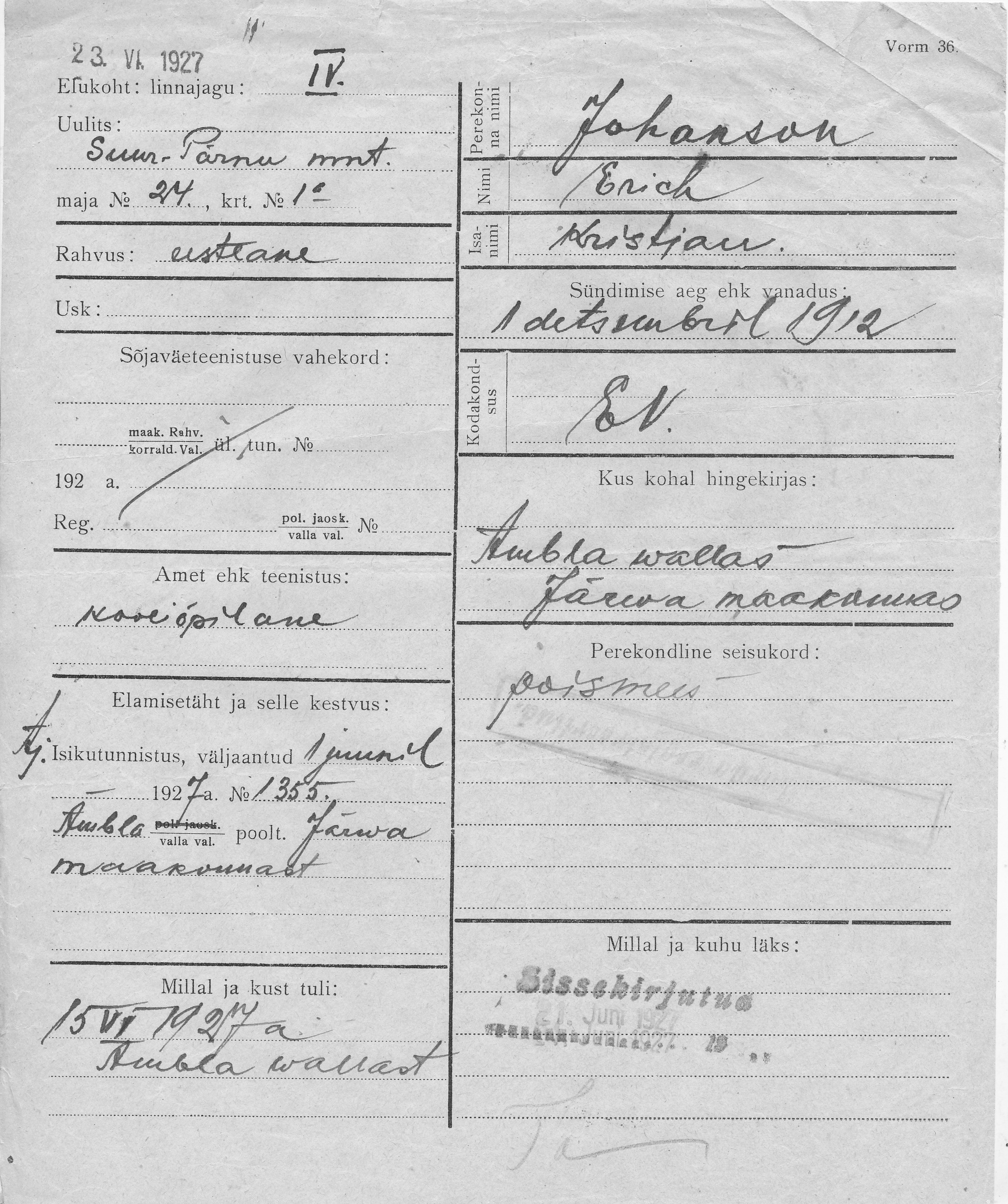 Johanson, Erich, Kristjan