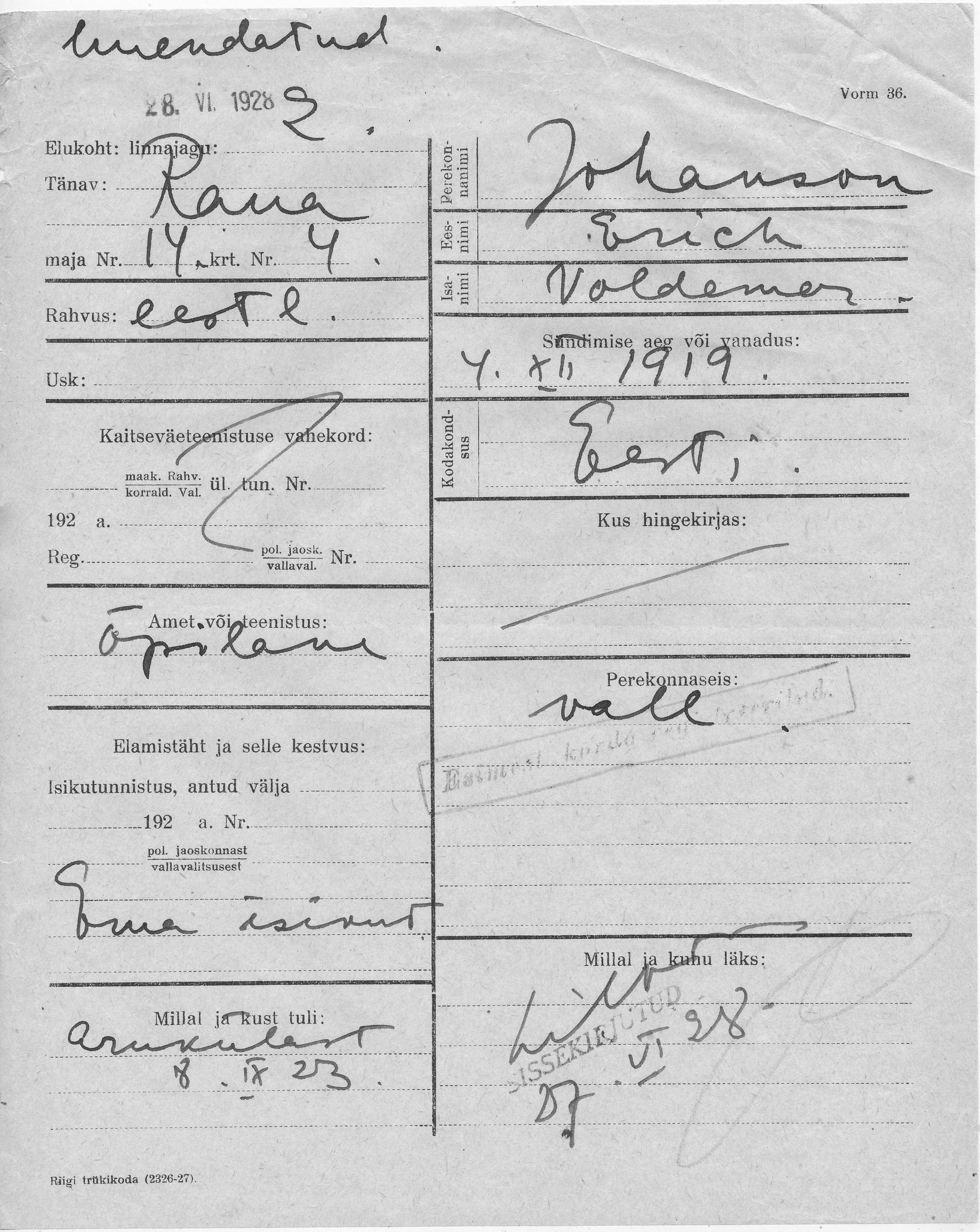 Johanson, Erich, Voldemar