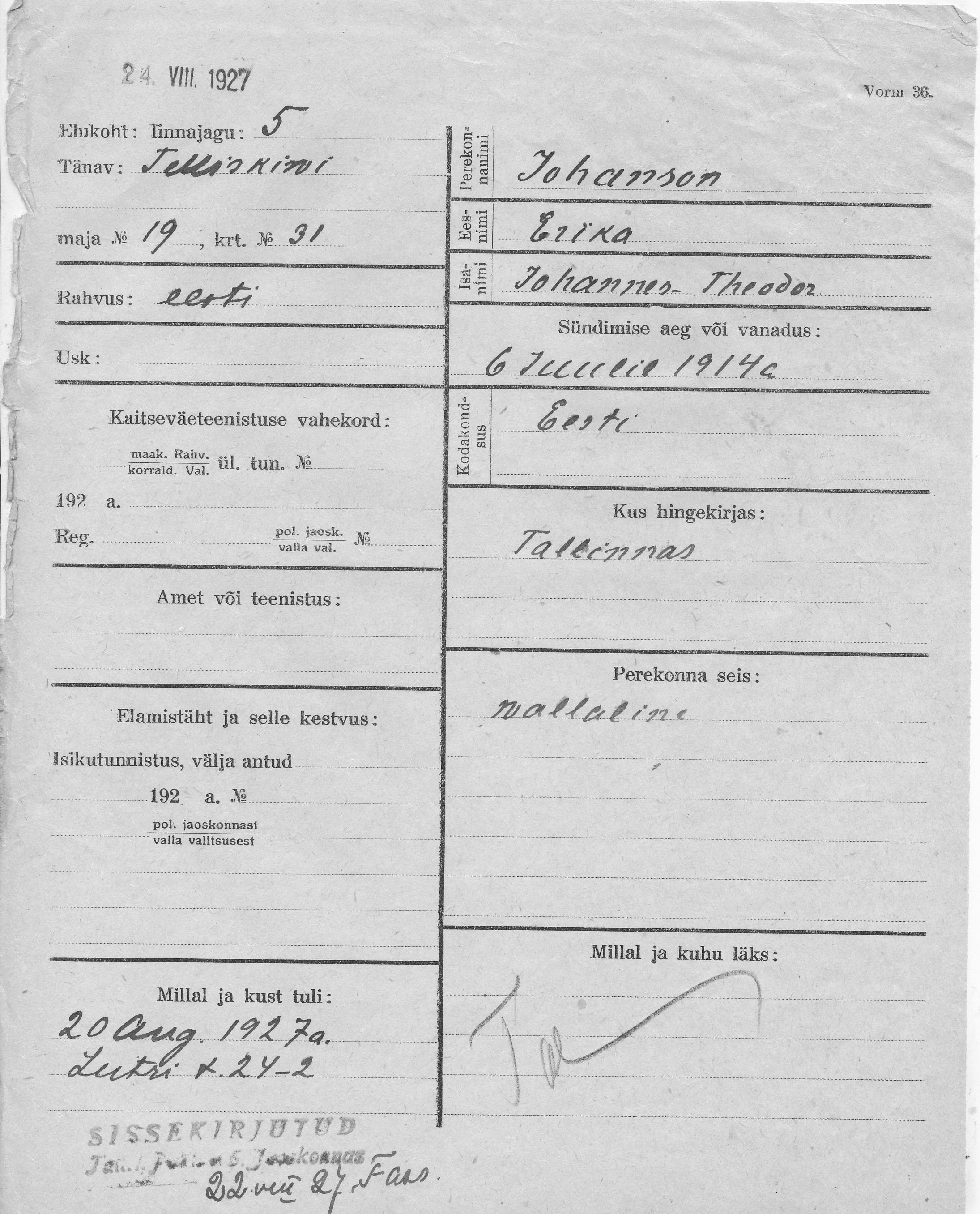 Johanson, Erika, Johannes-Theodor